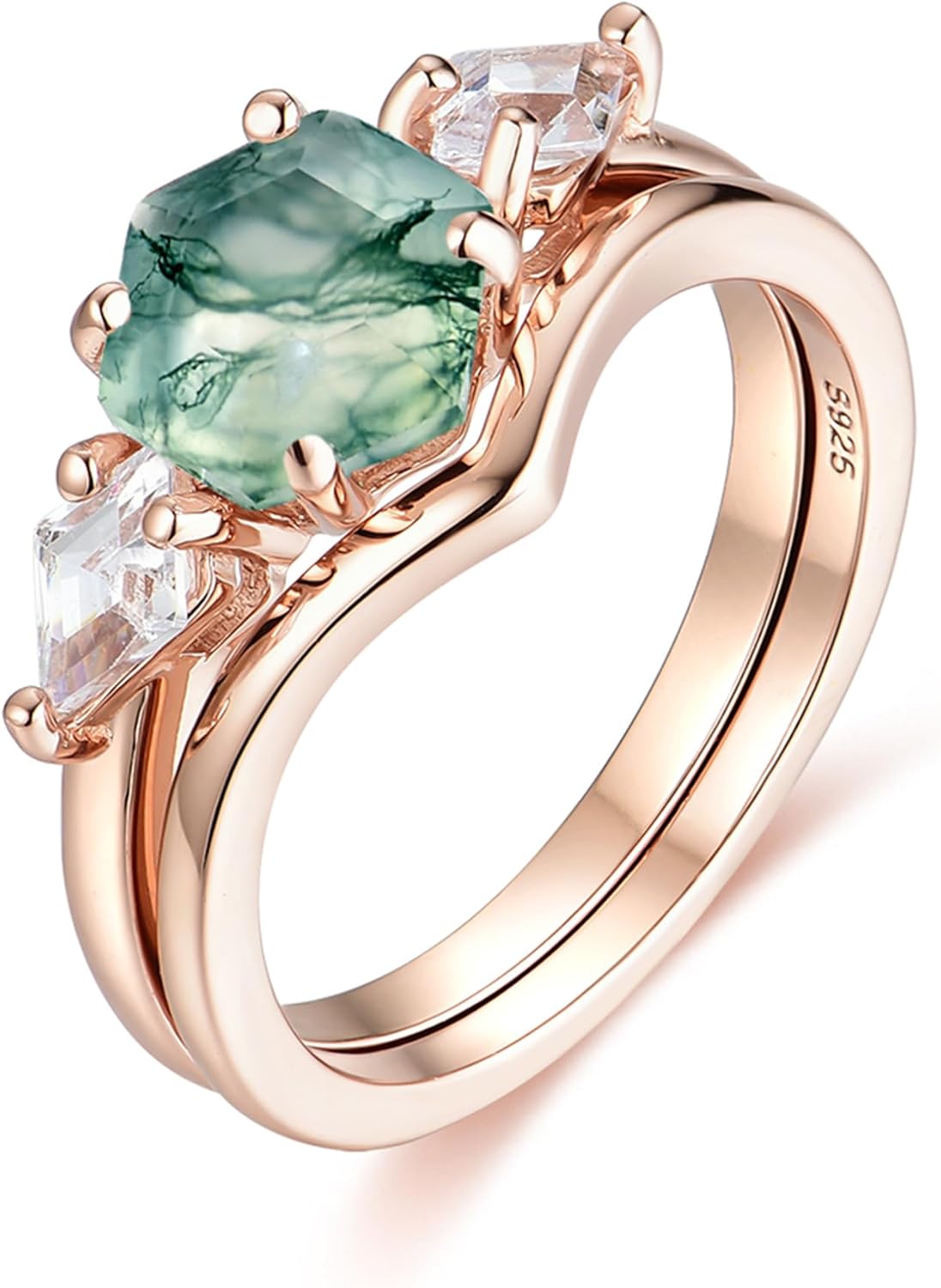 Natural Moss Agate Gemstone Genuine 925 Sterling Silver Ring for Women Hexagon Cut Women's Ring Set for Engagement Wedding Jewelry