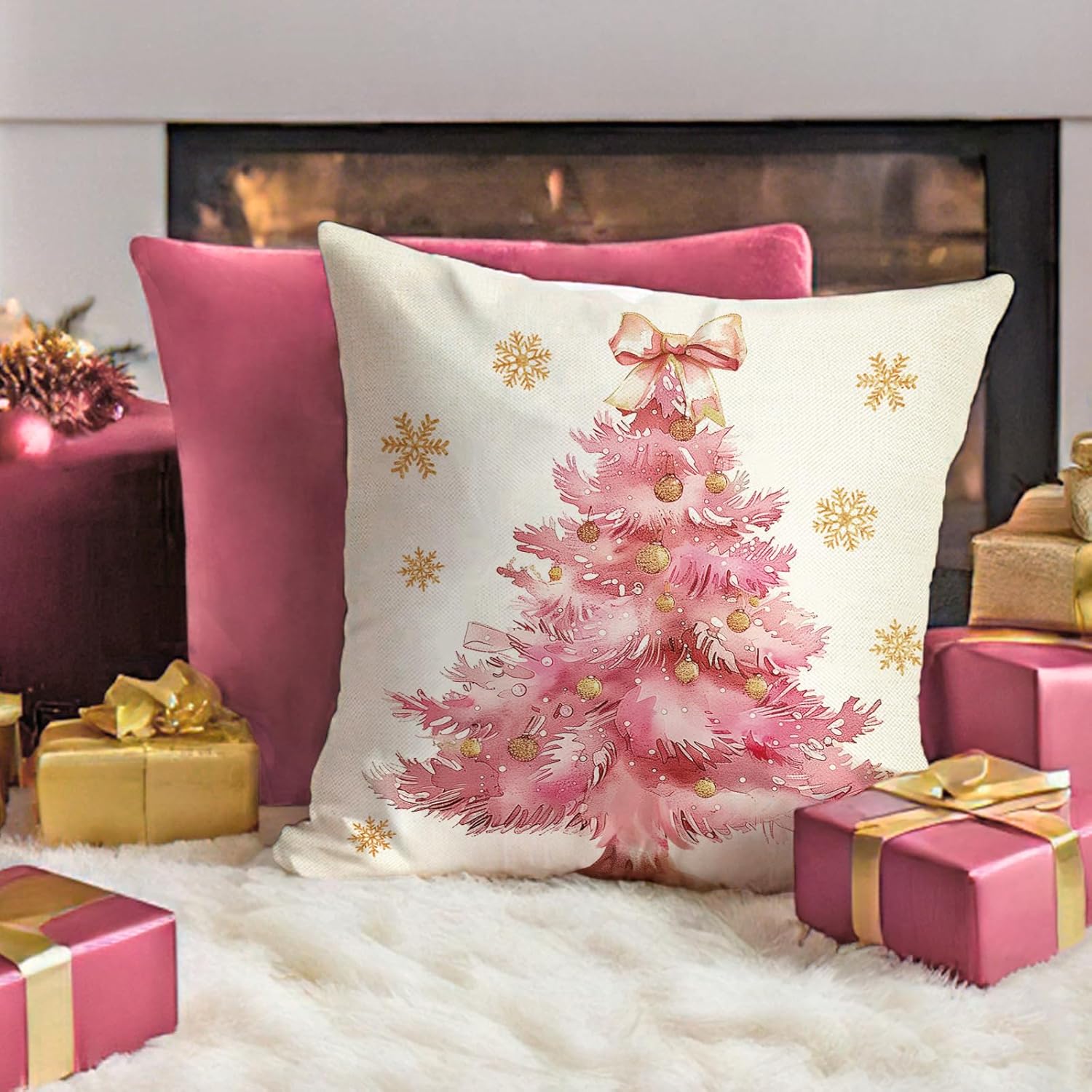 Fahrendom Merry Christmas Pink Decorative Throw Pillow Covers 18 x 18 Set of 4, Xmas Tree Poinsettia Sleigh Ball Bright Outdoor Pillowcase, Winter Sofa Couch Cushion Case Home Decor - Image 5