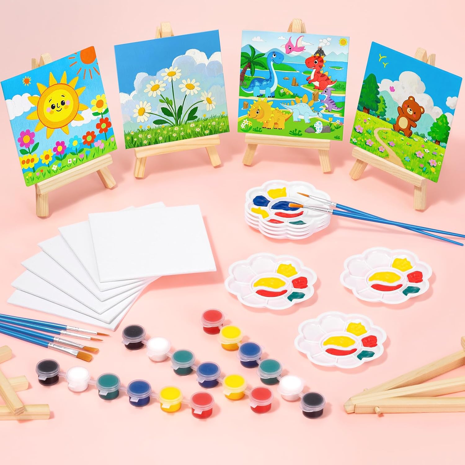 Partylamb 24 Sets Mini Acrylic Paint Kit with Wooden Easel, Canvas, Brushes, Palette, Painting Kits for Kids Girls Boys, Art Set Gifts for Birthday Party Favors Classroom Prizes Easter Gifts for Kids