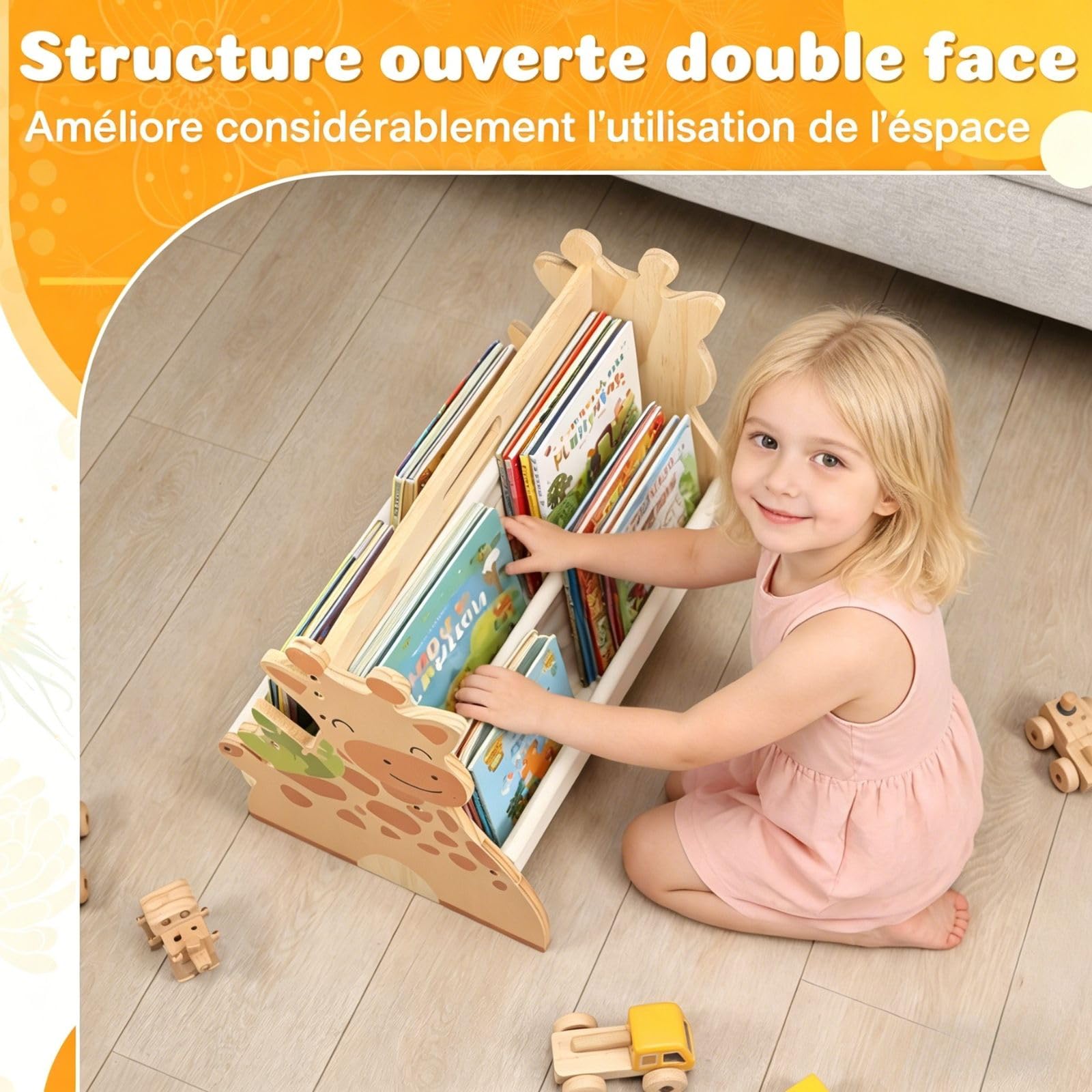 Bibliothèque Montessori Bois pour Enfant 43x34x28,3cm Bibliothèque Enfant Double Face Quatre Couches avec Poignée Rangement Livre Enfant 3-8 Ans Aménagement Open Bords Arrondis pour Chambres écoles