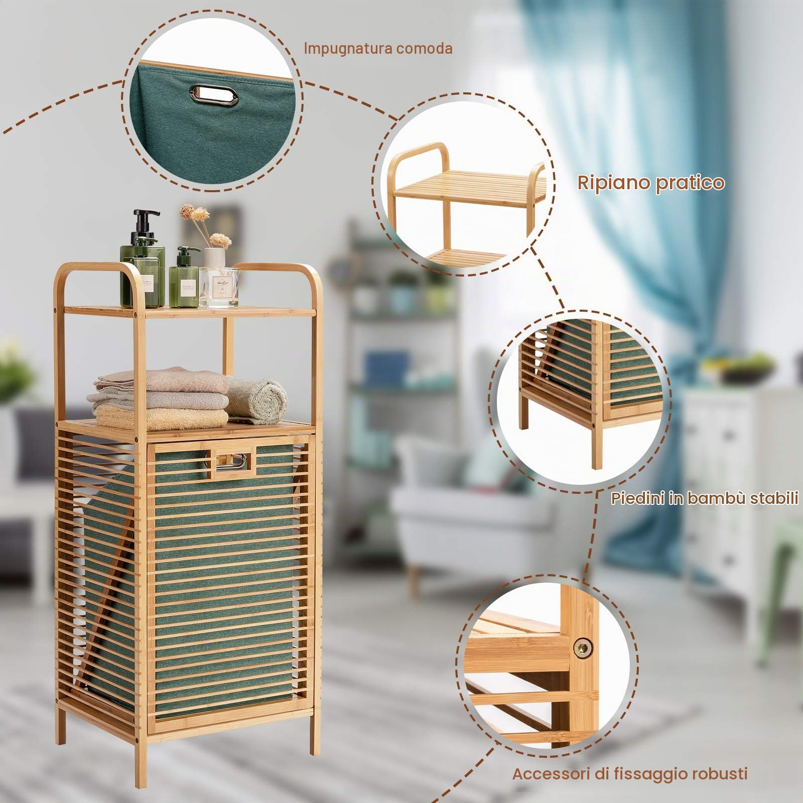 LIFEZEAL Mobile Biancheria Sporca e Mobiletto Bagno, Lavanderia, Cesto Portabiancheria a 1 Scomparto, con Sacco Rimovibile, Cesta Estraibile, Telaio in Bambù, Piano Portaoggetti, 40,5x33x95,5cm