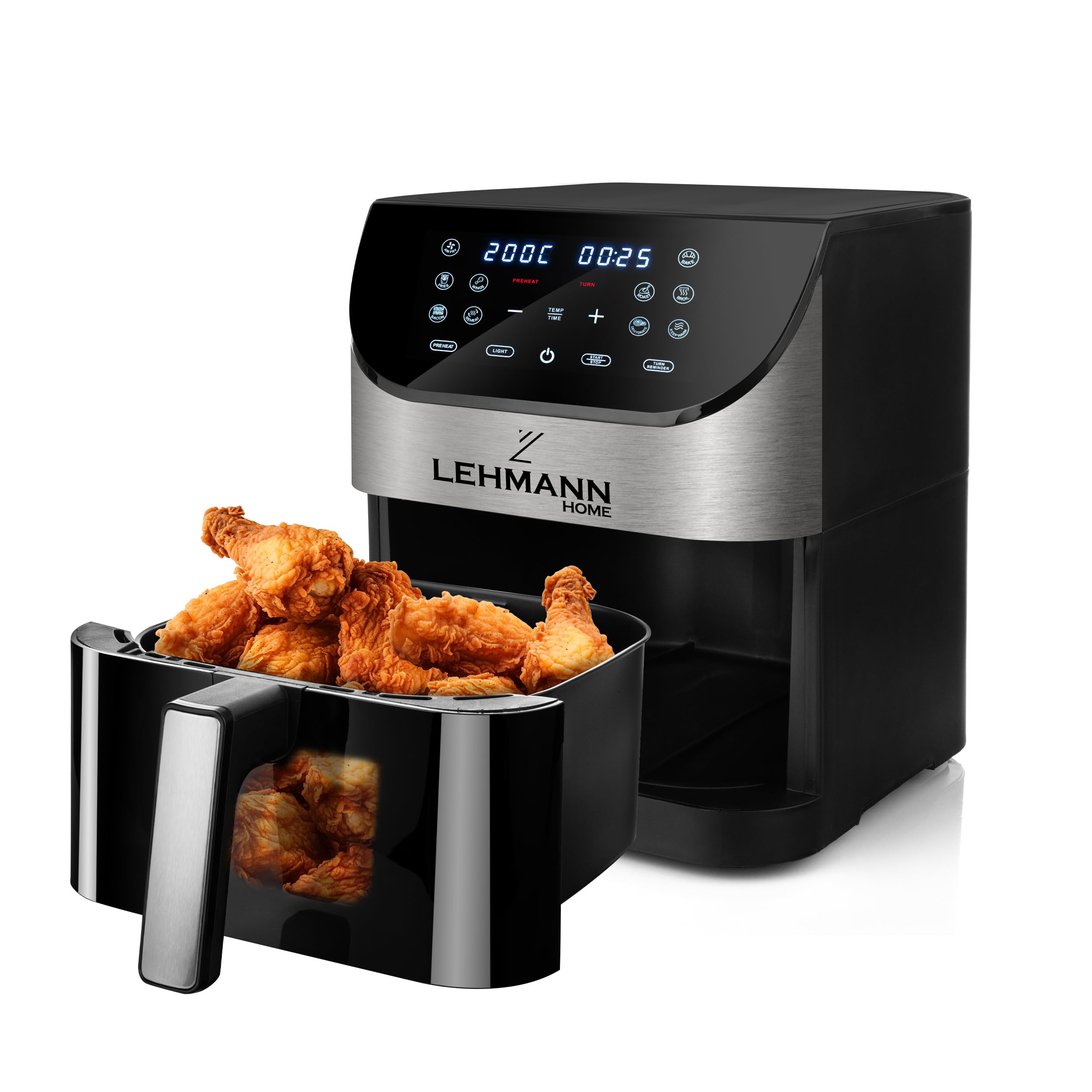 Lehmann Friteuse à air chaud 6L avec 10 programmes de cuisson, friteuse à air chaud 1500 W et contrôle de la température 76-200°C, Air Fryer avec minuterie et écran tactile LED numérique