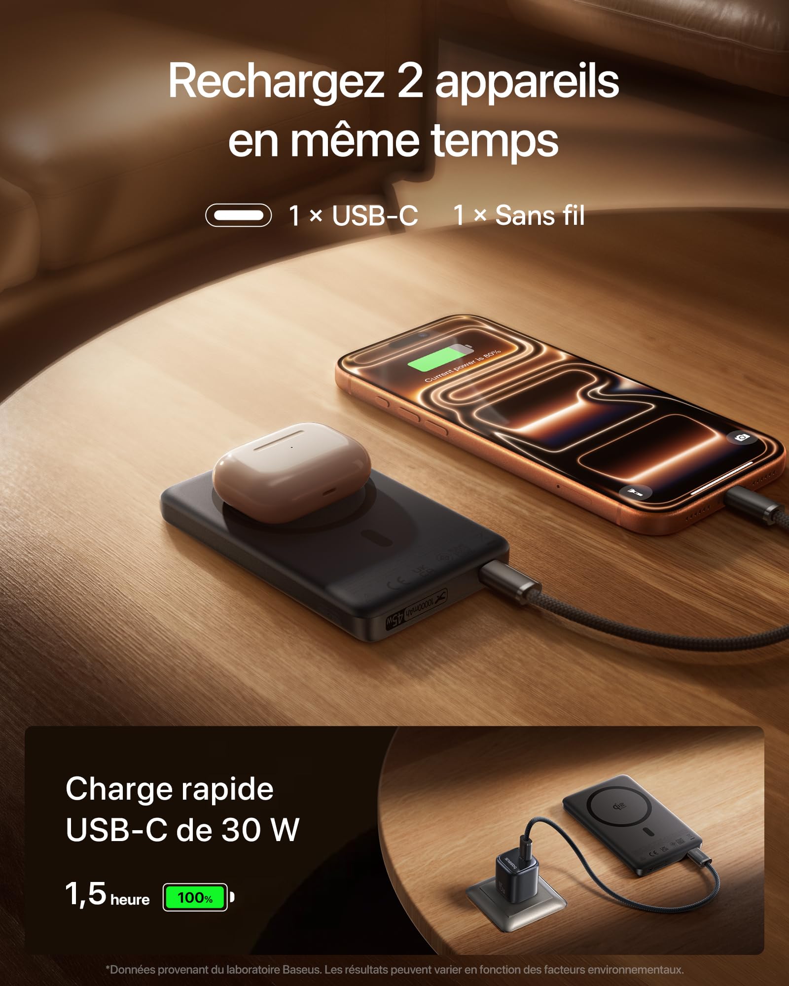 Baseus PicoGo AM52 MagSafe Powerbank, batterie externe Qi2.2 Magsafe 10000 mAh, recharge sans fil ultra-rapide 25 W, Recharge Rapide PD 45 W, Batterie Externe Magnétique fine pour 17/16 Pro Max, Noire