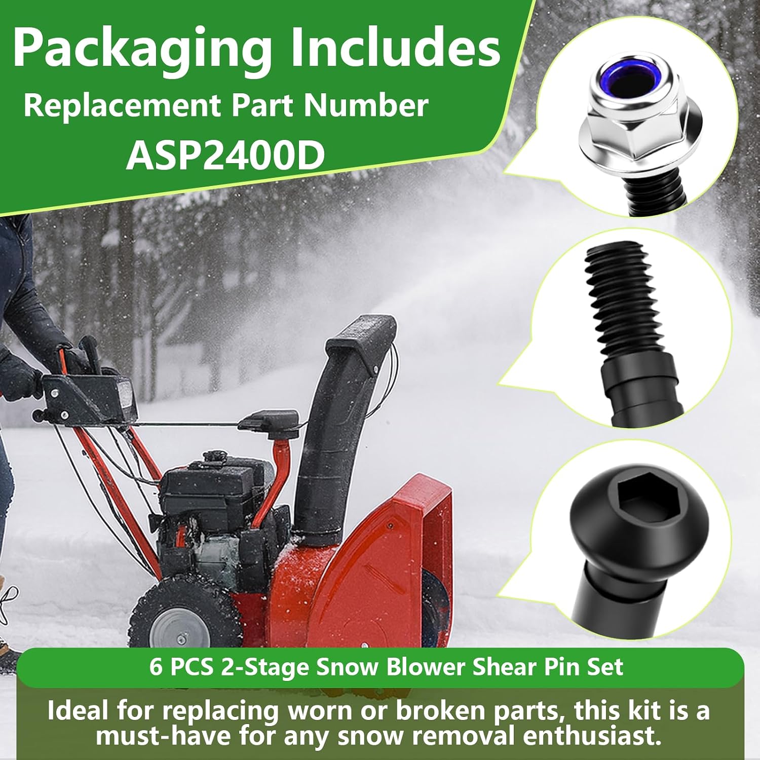ASP2400D 2-Stage Snow Blower Shear Pin Set Compatible with EGO 24 inch and 28 inch 2-Stage Snow Blower SNT2800 SNT2806, SNT2807, SNT2400, SNT2416, SNT2406, SNT2405, Includes 6 Pins and Lock Nuts,