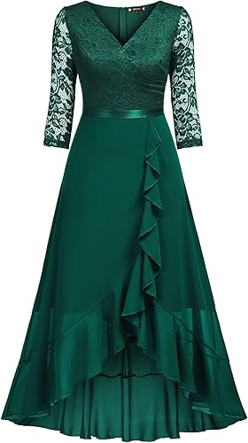 Miniatura 3 de Miusol Vestido largo con cuello en V y encaje floral para mujer, diseño de volantes, para boda y fiesta