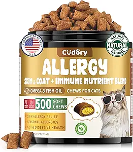 Cat Allergy Relief for Cats, Crunchy & Creamy Chews for Immune & Skin Coat Support – Seasonal Allergies, Itching Relief, Omega 3 & Probiotic Natural Supplement for Cats, Chicken Flavor – 500 Chews