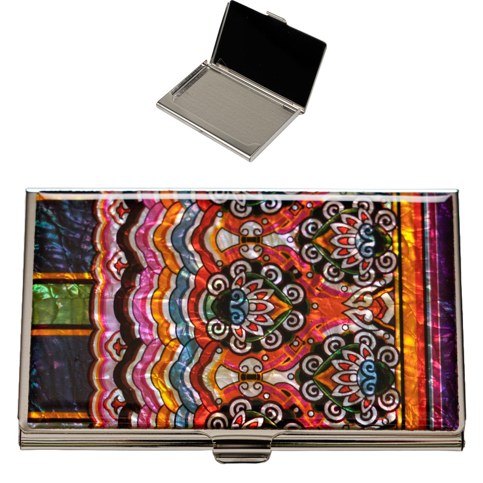 February Mountain Mother of Pearl Business Card Case - Korea Traditional Gifts, Slim Metal Holder for Business &amp; Credit Cards, Pocket-Sized Purse Wallet (Dancheong)