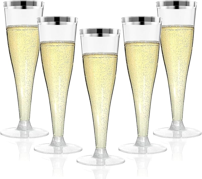 Copas de champán de plástico desechables de 4.5 onzas, paquete de 20 copas de mimosa con borde plateado para 2026, compromiso, boda, cumpleaños, suministros para fiestas de regreso a la escuela, vasos para tostar cócteles a granel