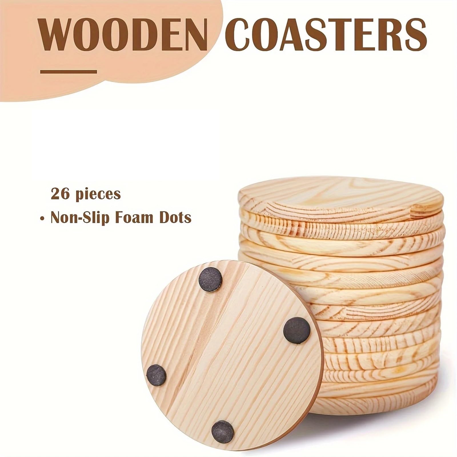 Dessous de Verre Lot de 26 sous-verres circulaires en bois vierges de 4 pouces utilisés for l'artisanat avec des points en silicone antidérapants for la peinture à faire soi-même, la gravure sur bois,
