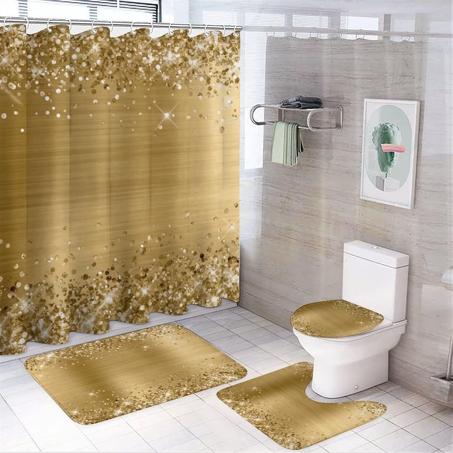 OLGCZM 4 Pcs Glittery Gold Foil Shower Curtain Set with Rug Bathroom Curtains Shower Set Toilet Mat Lid Rug Bathroom Sets Shower Curtain Sets with 12 Hooks, 72"x72"