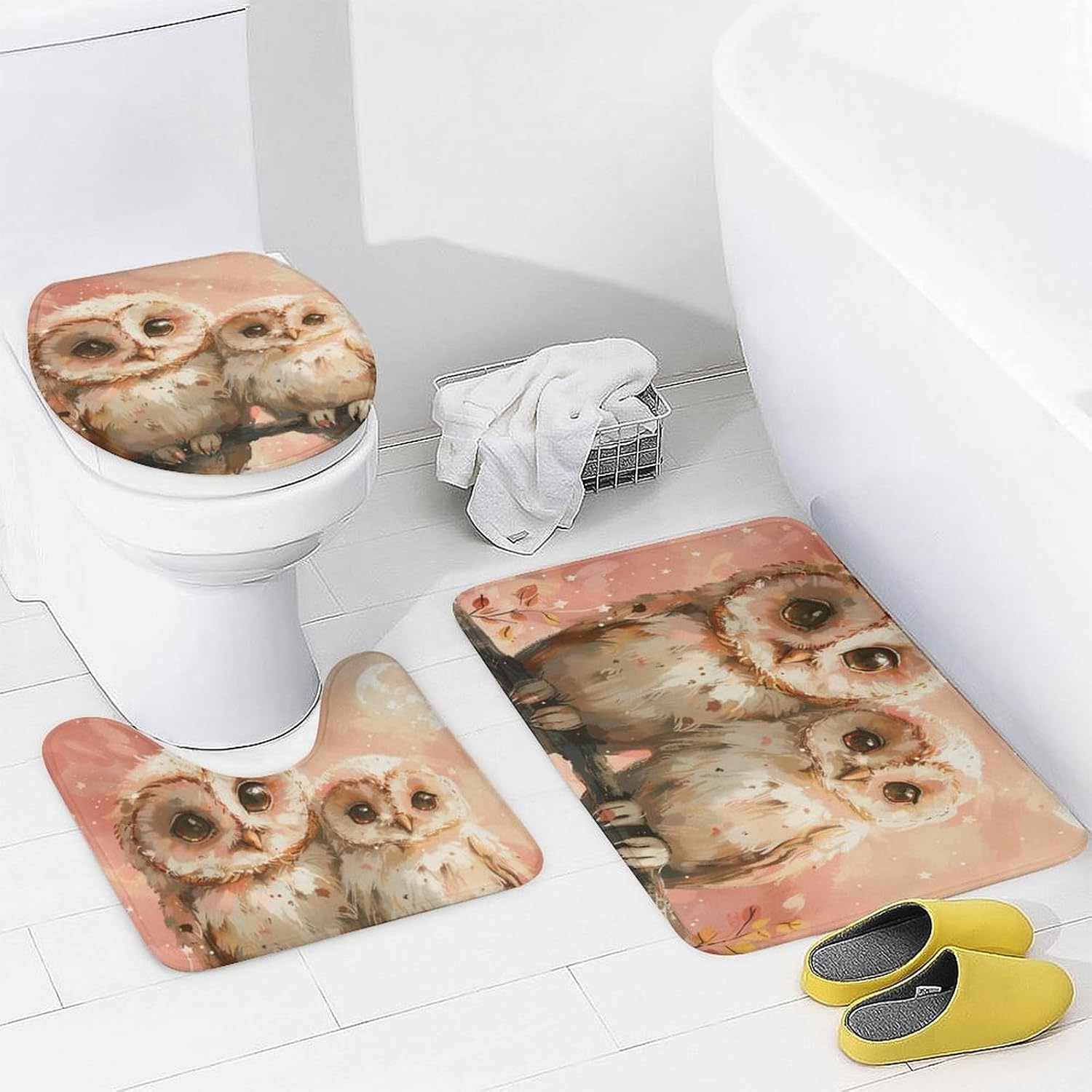4Pcs Abstract Owl Birds Shower Curtain Sets with Rugs, Toilet Lid Cover and Bath Mat, Moon Star Tree Branch Fantasy Bathroom Shower Curtains Set with 12 Hooks