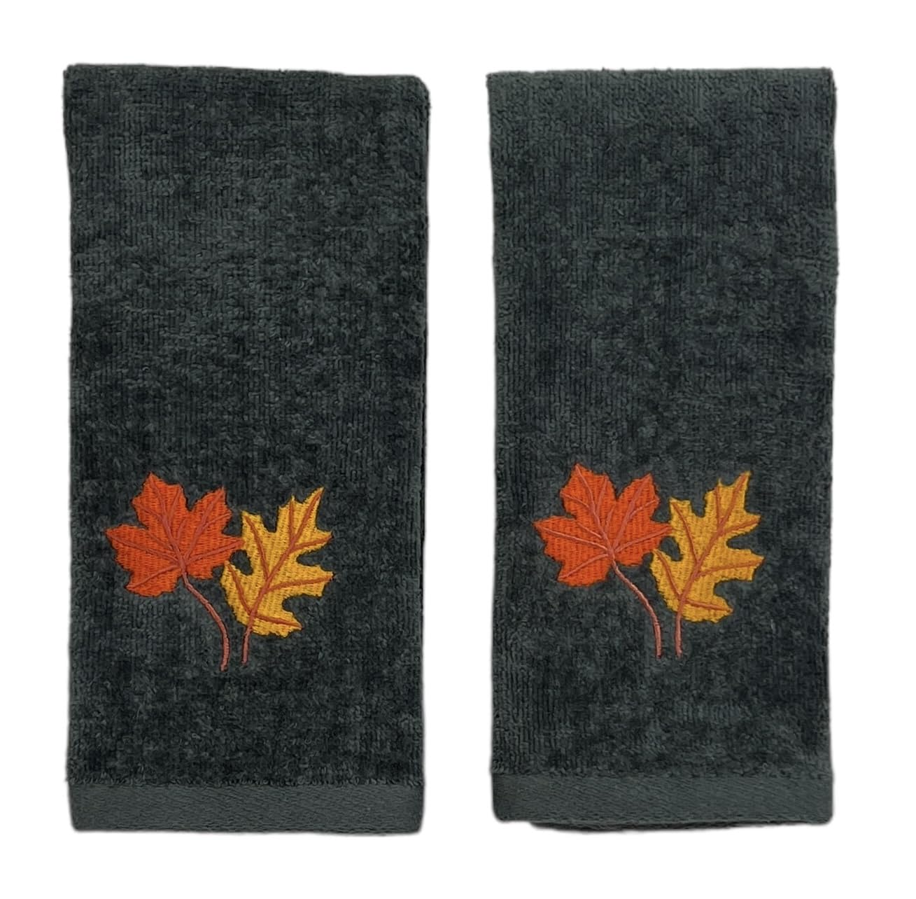 Serafina Home Harvest Fall Tip Towels Plush Dark Grey Gray Cotton Towels with Autumn Leaf Design Set of