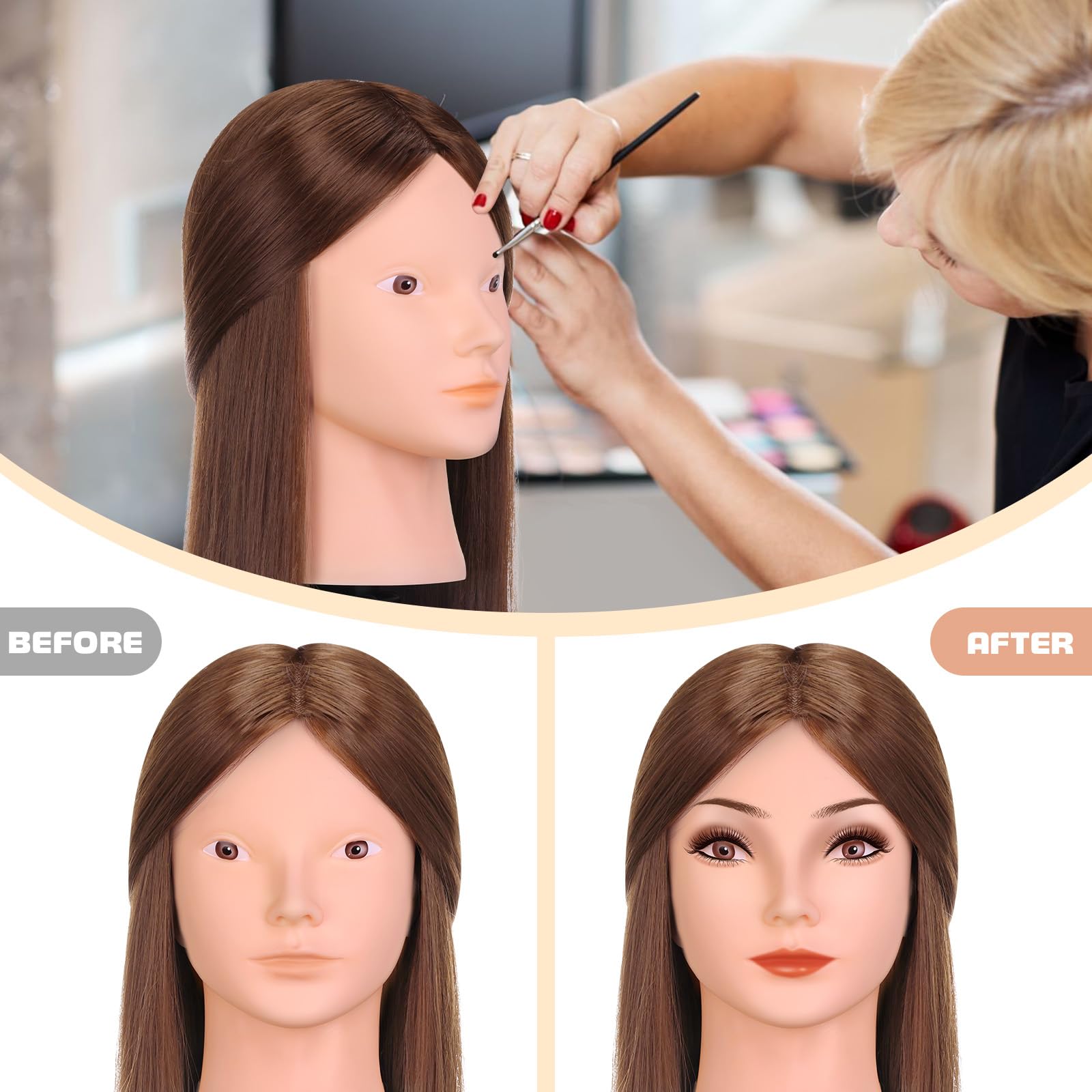 Cabeza de Peluqueria, Yofuly 26inch Cabeza Maniquí, 80% Cabello Humano, Cabeza Práctica Modelo Maniqui de Cosmetología con Abrazadera de Mesa y Juego de Trenzas de Cabello DIY Maniquí (castaño claro) — view 4