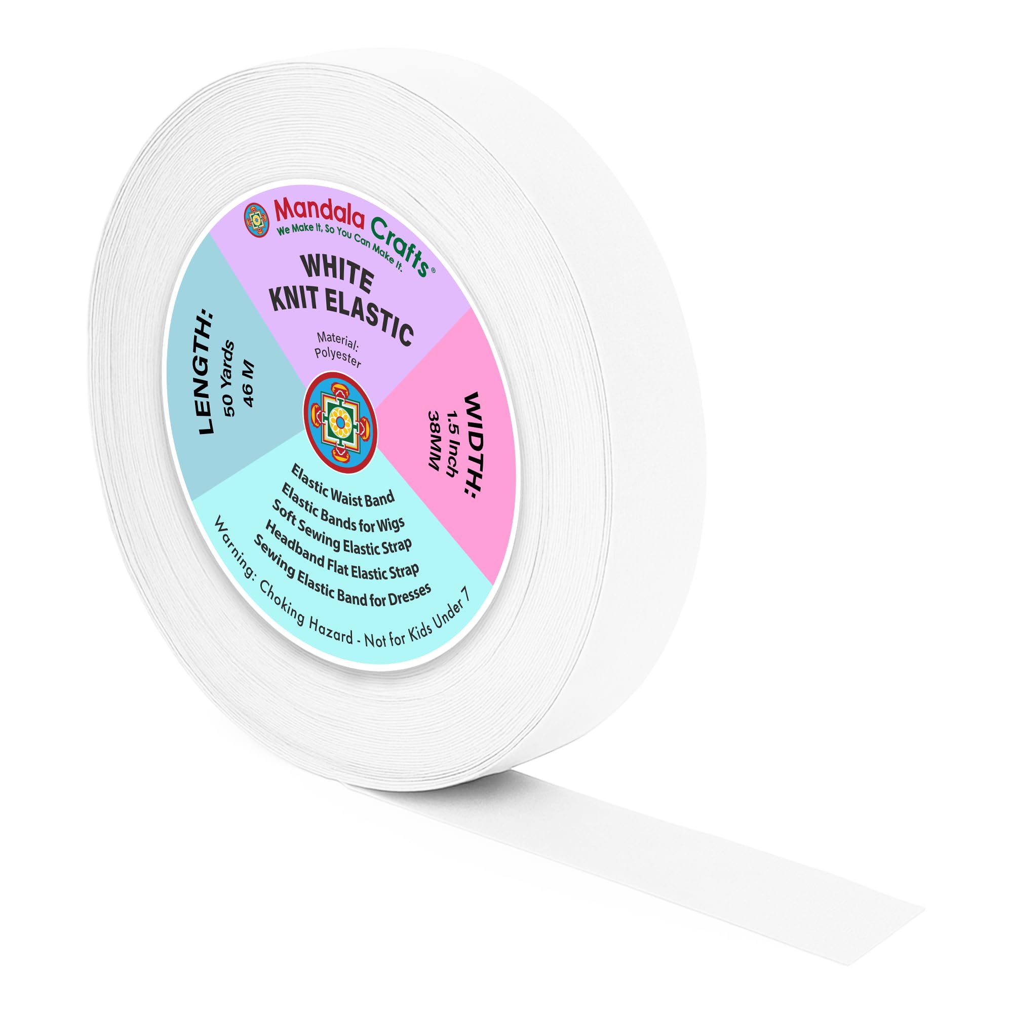 Mandala Crafts Wide 1.5 Inch White Elastic Bands Spool for Pants Waistbands Sewing and DIY Crafts, 50 YD Stretchy Flat Fabric Strap Knit Elastic Band