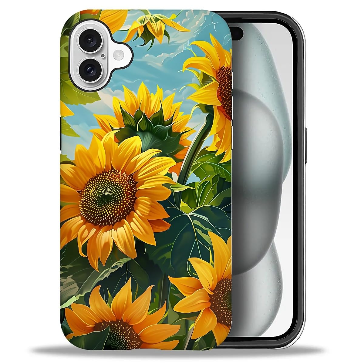 DAIZAG Case for iPhone 16,Bright Sunflower Mixed 2 Layer Design Shockproof Soft TPU Ddouble Protection Phone Case for iPhone 16