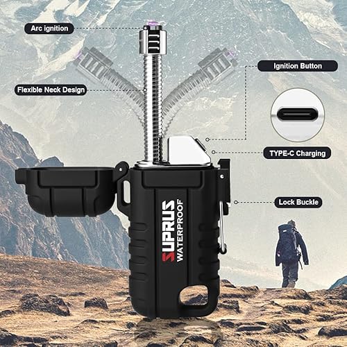 Miniatura 3 de SUPRUS Encendedor impermeable a prueba de viento Encendedor de arco Encendedor de plasma Encendedores recargables USB-C con cuello expandible y