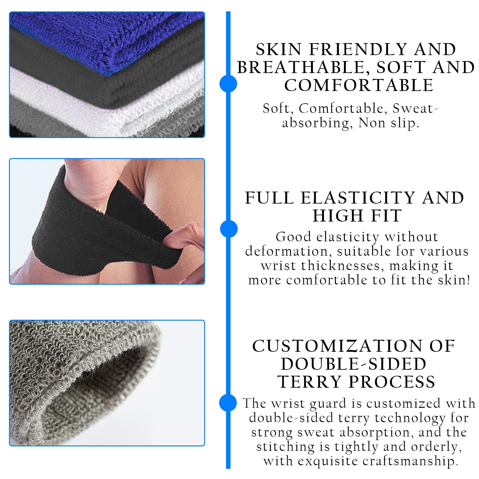 Lot 8 Bracelets Anti-Transpiration Longs Coton – 15x8 Cm – Noir, Blanc, Gris – Homme Femme – Sport Gym, Tennis, Basket, Course