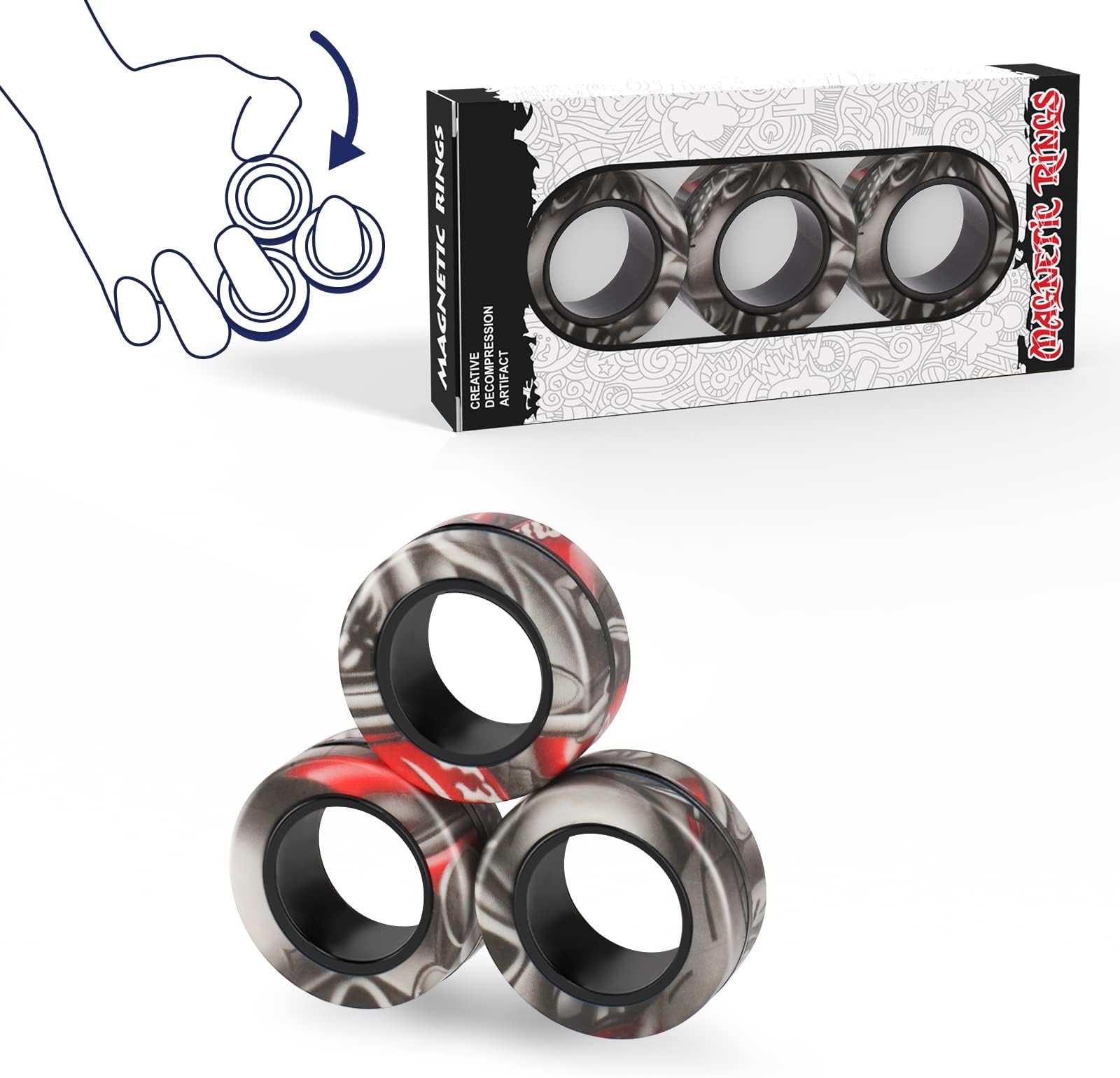 Finger Rock 3PCS Magnetic Rings Fidget Toy Set, Idea ADHD Hand Exerciser Fidget Toys, Adult Fidget Magnets Spinner Rings for Anxiety Relief Therapy, Fidget Pack Great Gift for Adults Teens Kids