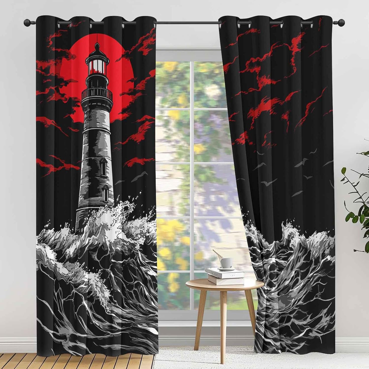 Japanese Lighthouse Curtains 63 Inch Length 2 Panels, Ocean Waves Blackout Curtains for Bedroom Living Room Decor, Nautical Theme Window Treatment Black Out Drapes with Grommet