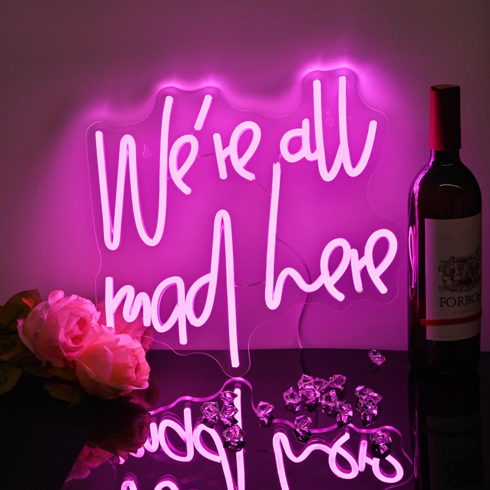 Neonowy znak 'We're all Mad Here' ściemnialne neonowe znaki na ścianę, LED, różowa litera, neonowe światła znak do domu, baru, jaskini, piwa, kawiarni, bistro, klubu, na imprezę, prezent dla