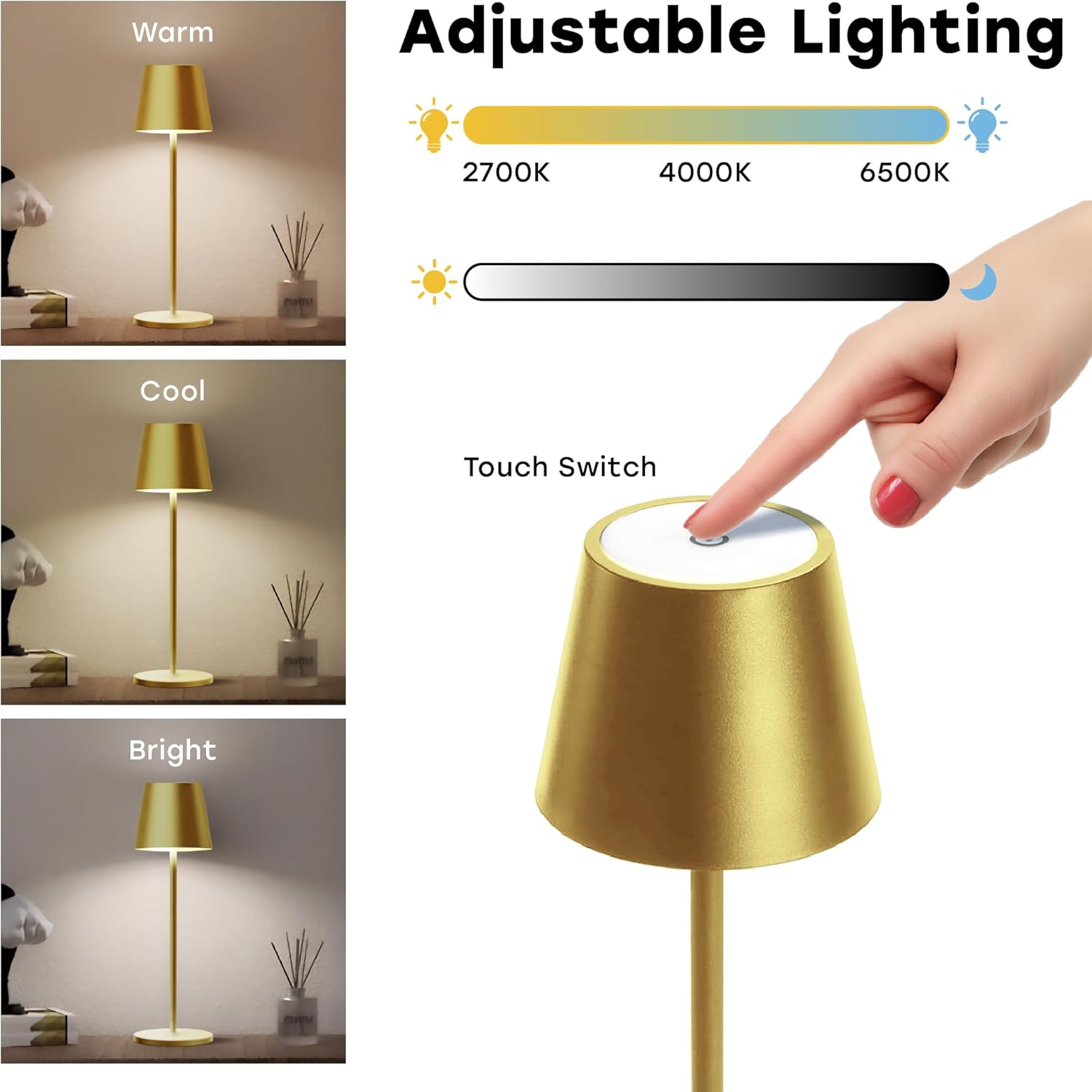 2 Pack Cordless Table Lamp,Portable LED Desk Lamp, 5200mAh Battery Operated, 3 Color Stepless Dimming Up, for Restaurant, Bedroom, Bars, Outdoor Party, Camping, Coffee Shop Night Light Gold