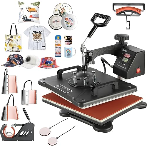 VEVOR 8 in 1 Heat Press Machine Combo, 360° Swing Away Tshirt Press Machine for Printing Hat Mug T Shirts Cap, 12x15 Digital Multifunctional Sublimation Heat Transfer Machine
