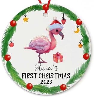 Dinoz My First Christmas Flamingo Animal Lover Ornament, Baby Animals New Born Xmas Custom Names Printed Both Sides Keepsake Gifts Round Circle Ornament Ceramic Decorations House