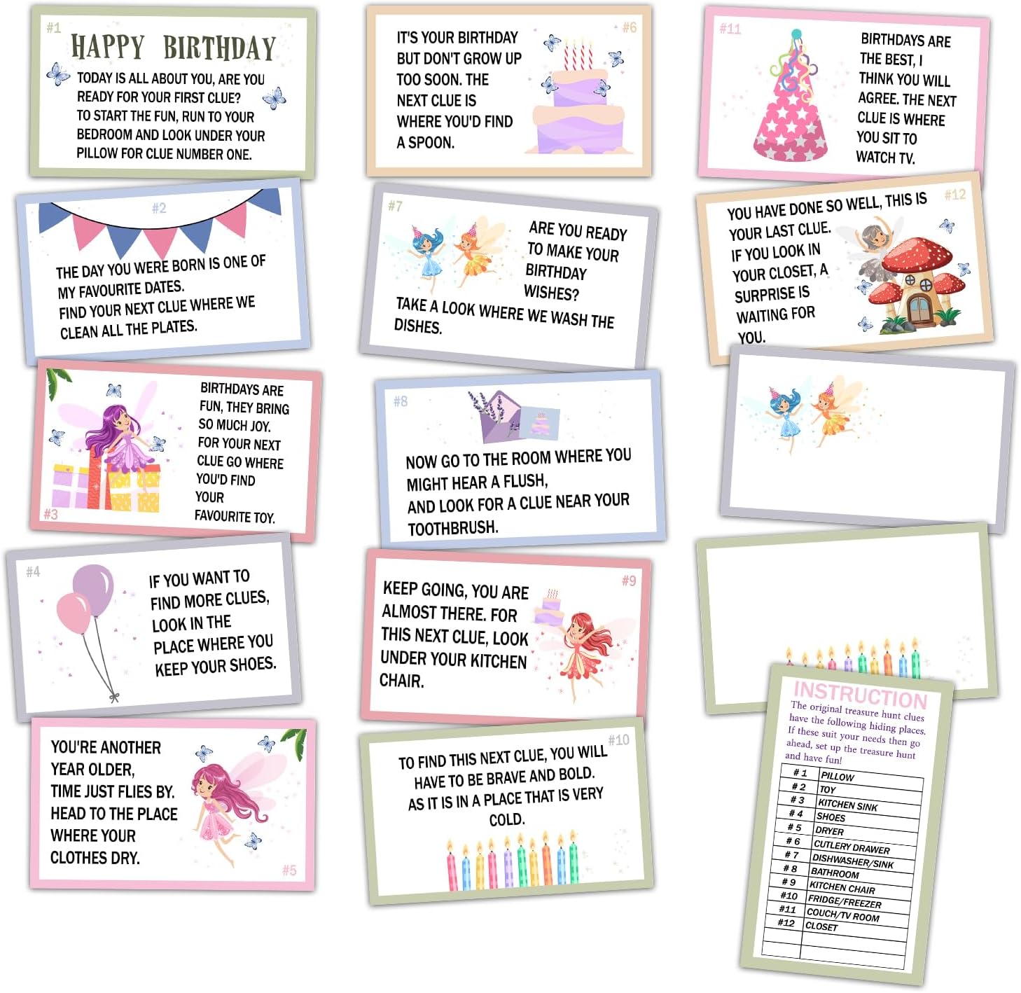 Birthday Treasure Hunt Clue Cards, Cake Scavenger Hunt Game, Set of 19 Cards and 18 Envelopes, Indoor Ourdoor Birthday Party Activities Celebration Game, Birthday Party Decorations - SR7