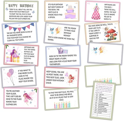 Miniatura 11 de Tarjetas de pistas de búsqueda del tesoro de cumpleaños, juego de caza del tesoro vintage, juego de 19 tarjetas y 18 sobres, juego de celebración de