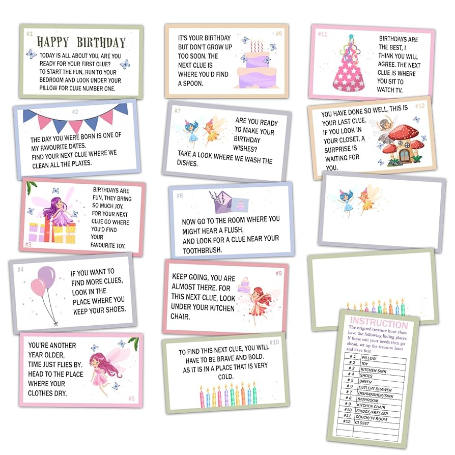 amazon-com-birthday-treasure-hunt-clue-cards-fairy-scavenger-hunt-game-set-of-15-cards-and-14-envelopes-indoor-ourdoor-birthday-party-activities-celebration-game-birthday-party-decorations-sr2-home-kitchen for Free Printable Birthday Scavenger Hunt Clues Amazon.com: Birthday Treasure Hunt Clue Cards, Fairy Scavenger Hunt Game, Set of 15 Cards and 14 Envelopes, Indoor Ourdoor Birthday Party Activities Celebration Game, Birthday Party Decorations - SR2 : Home & Kitchen for Free Printable Birthday Scavenger Hunt Clues