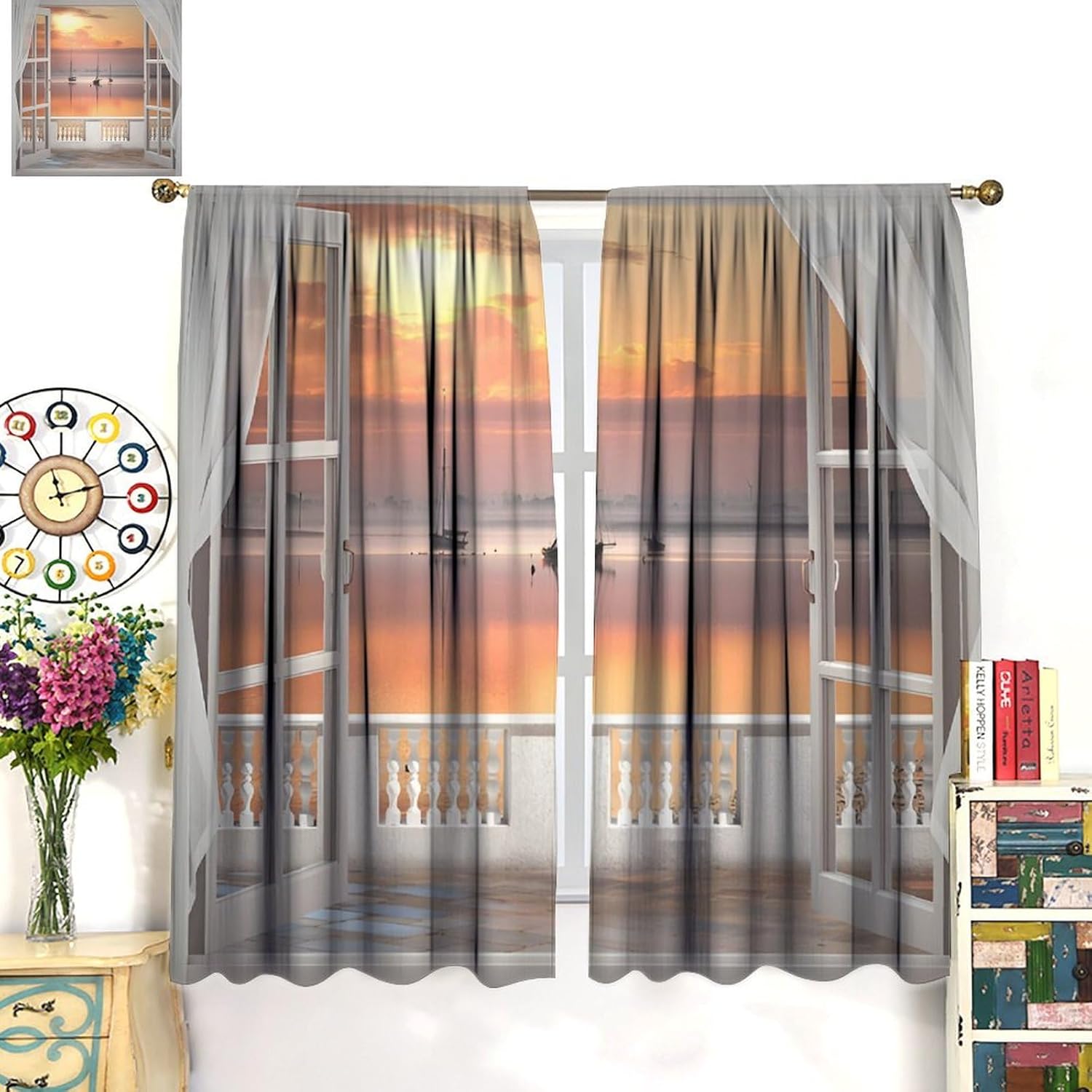 Tropical Ocean Sunset Curtains, Sea Beach Seaside Sailing Boat Ship Nautical Scenery Print Rod Pocket Blackout Window Curtains for Bedroom Living Room, 42" W X 45" L
