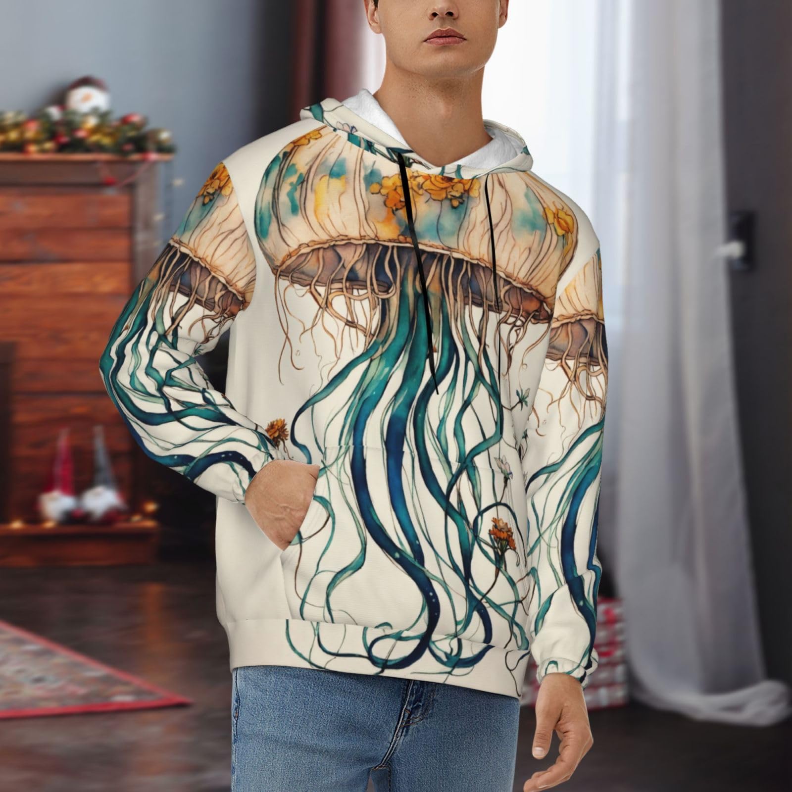 Męska bluza z kapturem z nadrukiem meduzy, casualowa grafika z nadrukiem bluzy z kapturem z kieszenią