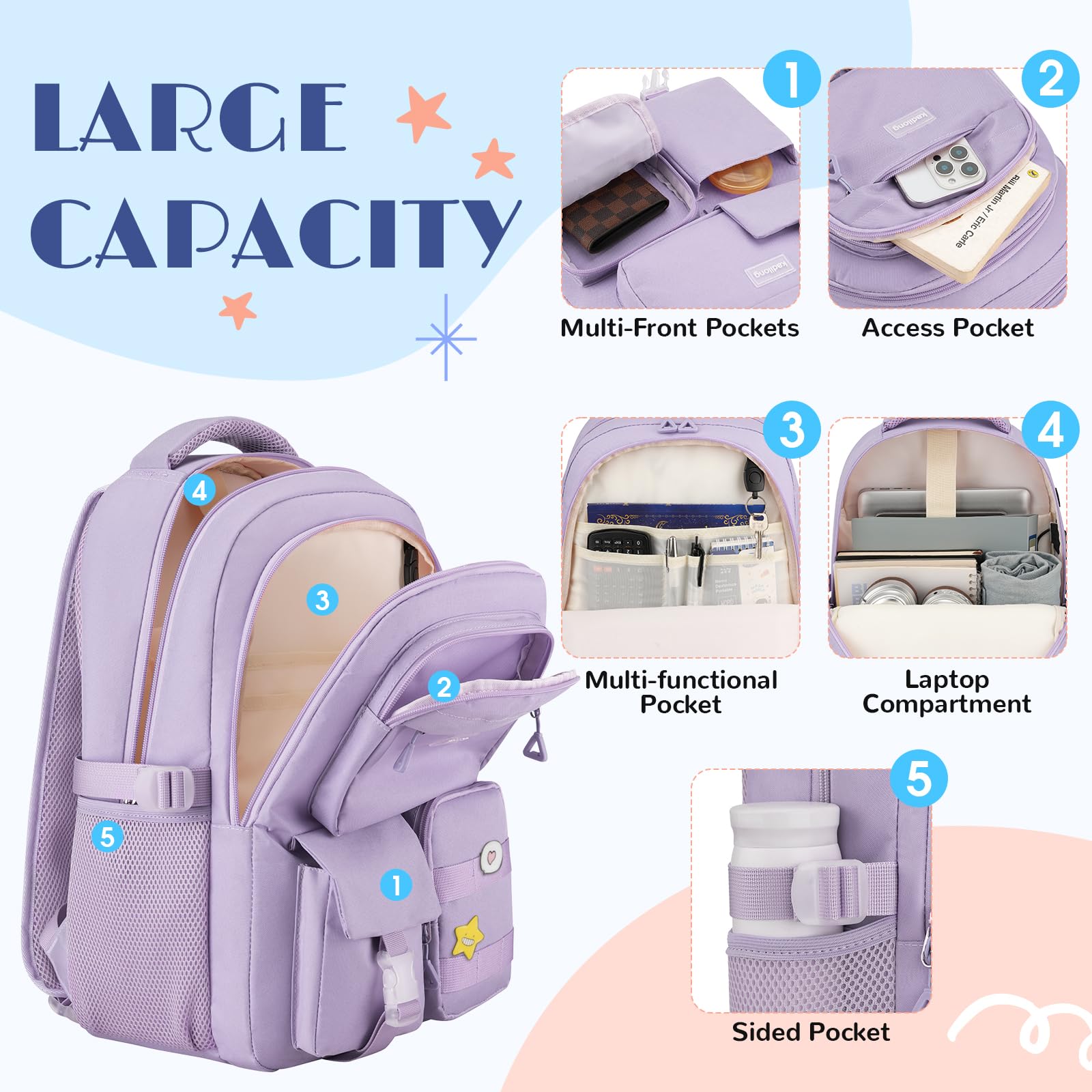 kadilong 17.3 Pouces Sac à Dos Ordinateur Portable 15.6 Pouces Femme,Cartable Scolaire École Collège Lycée Université Fille avec Port de Chargement USB,Sac à Dos Voyage Affaires