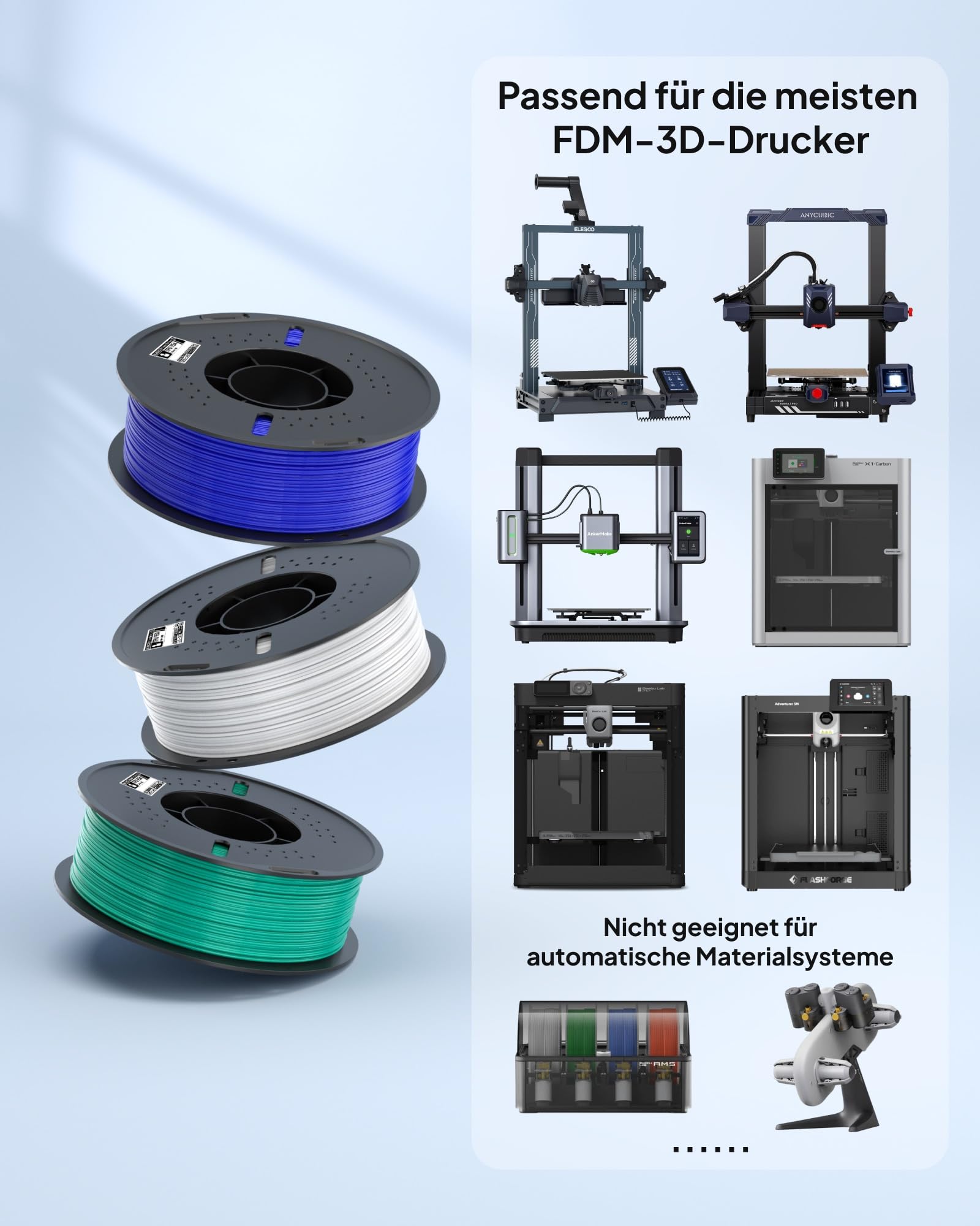 ELEGOO TPU 95A Filament Weiß 1KG & Matte PLA Filament Eisblau 1KG