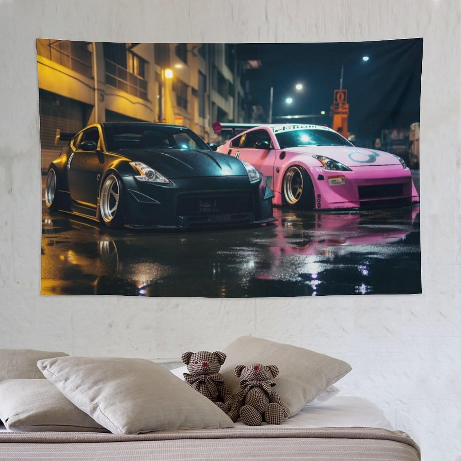 FeoYoed Tapestry Wall Hanging Decor Wall Art for Bedroom Living Room Dorm Japan Jdm Car 370z Black Pink Parking Rainy Season Street 60"x90"