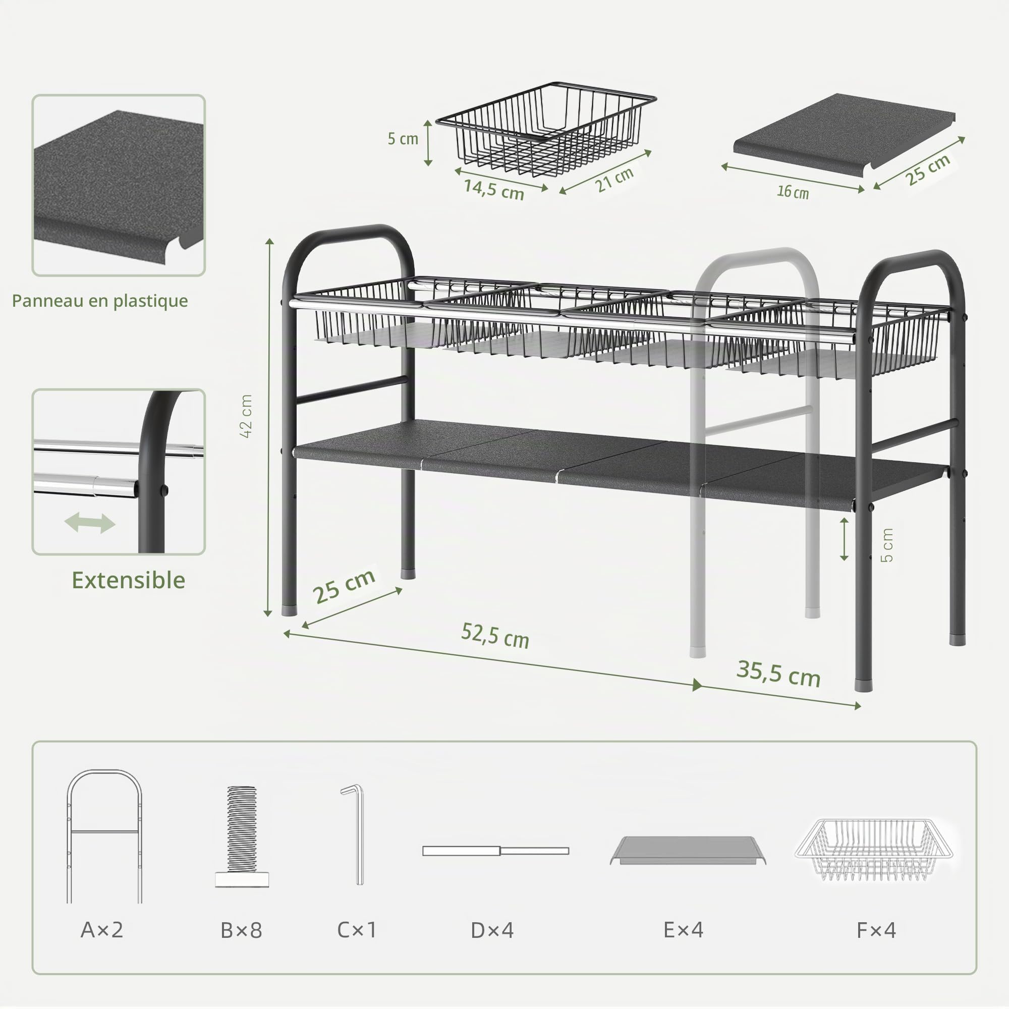 NETEL Étagère extensible sous l'évier, organiseur de placard, étagère sous évier pour cuisine et salle de bain, avec 6 panneaux et 2 paniers