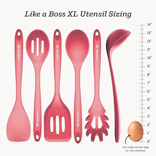 Miniatura 4 de StarPack XL - Juego de 6 utensilios de cocina de revestimiento higiénico de silicón sólido + 101 tips de cocina, Cherry Red