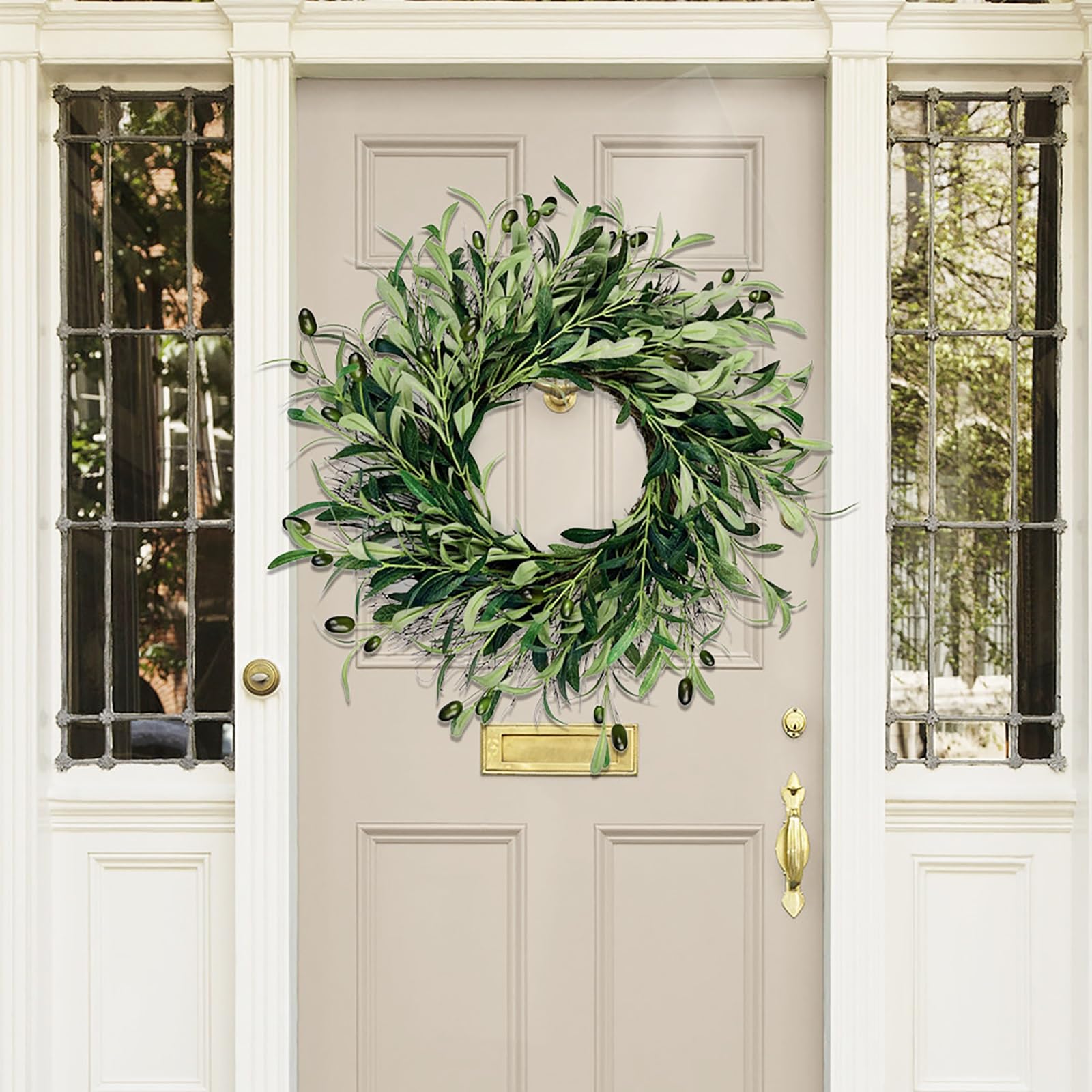 Corona Navideña de Hojas de Olivo Artificiales, Corona Navideña de Aceitunas Verdes con Hojas de Olivo Verdes, para Decoración de Hogar, Pared, Ventana, Festival, Boda(60cm/23.6in)