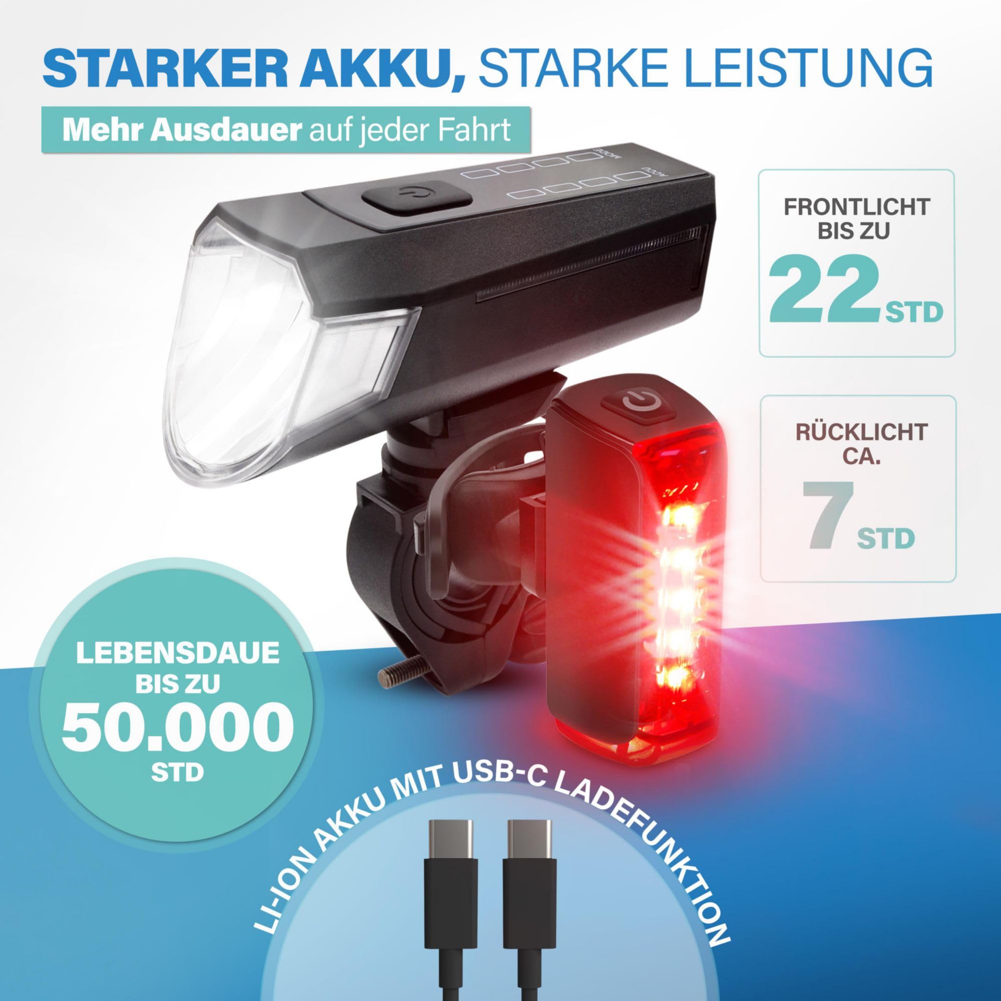 FISCHER Set di luci doppie per bicicletta, illuminazione a 360°, lampada a LED per bicicletta, 80 Lux, batteria ricaricabile con USB C, montaggio anteriore e posteriore senza attrezzi