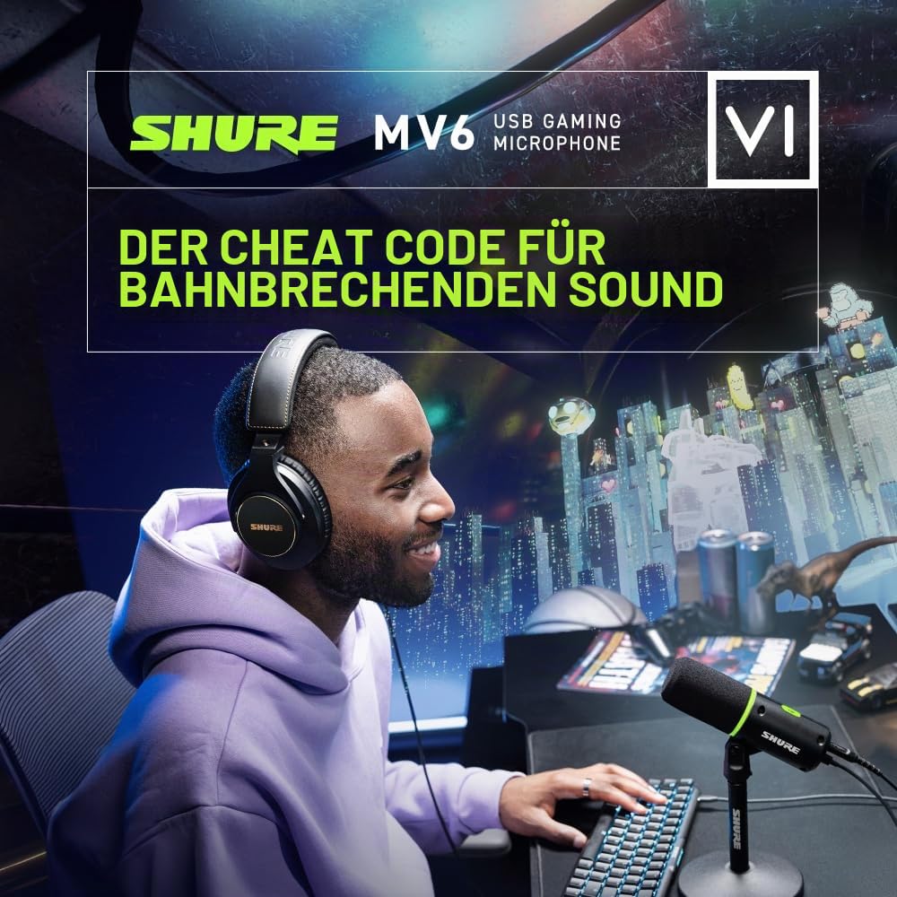 Shure MV6 USB Gaming Mikrofon, USB-C, Dynamisches Mikrofon, Streaming, Digital, für PC Gamer & Streamer