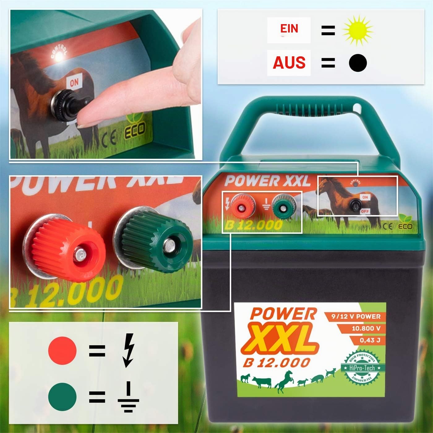 B 12.000 Starkes Weidezaungerät 9V/12V Megapower, Elektrozaungerät für einen sicheren Weidezaun, Rind Pferd Pony Hund Katze Schaf Geflügel