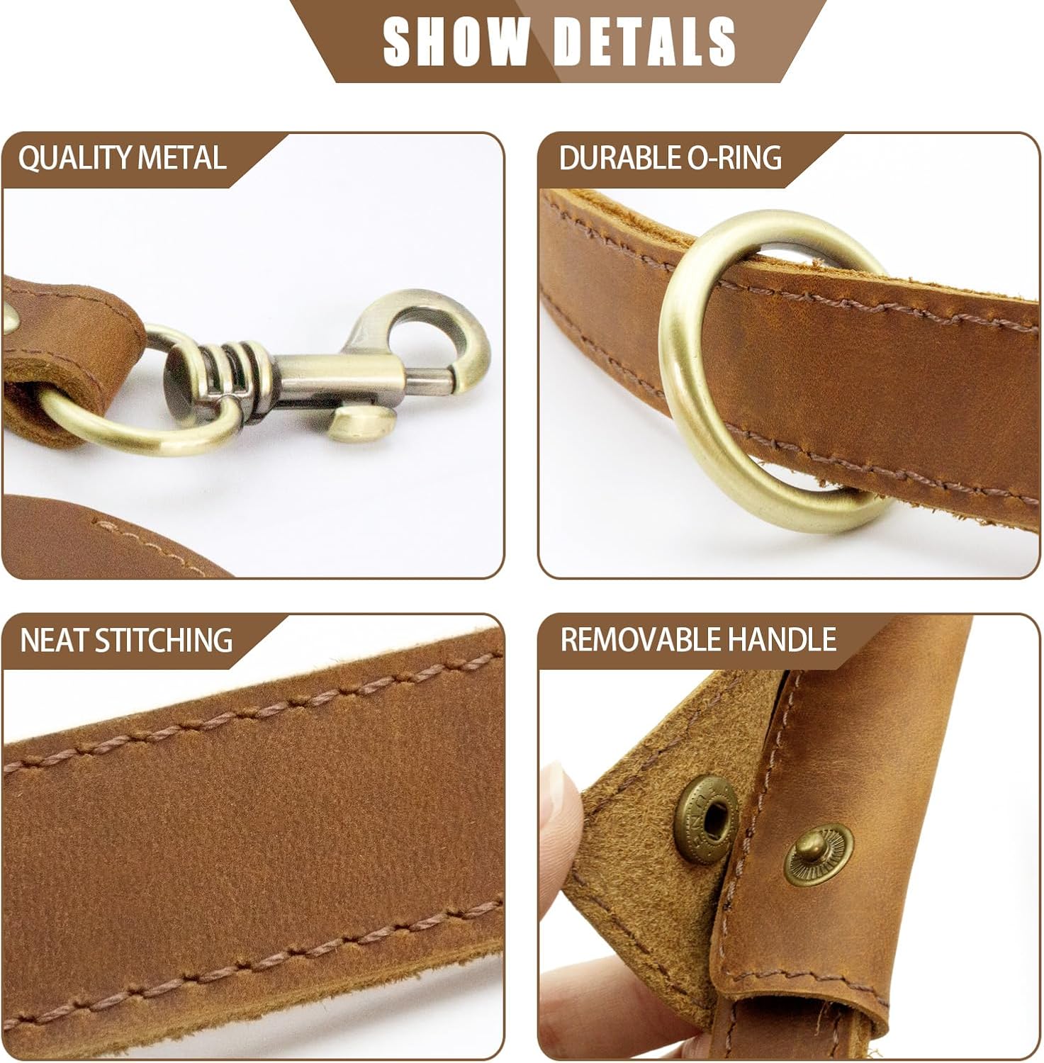 Jack&Chris Heavy Duty Leather Dog Leash, Genuine Leather Dog Leash with Padded Handle & Tracker Holder, Durable Lead for Small Medium Large Dogs Walking Running Hiking, Light Brown