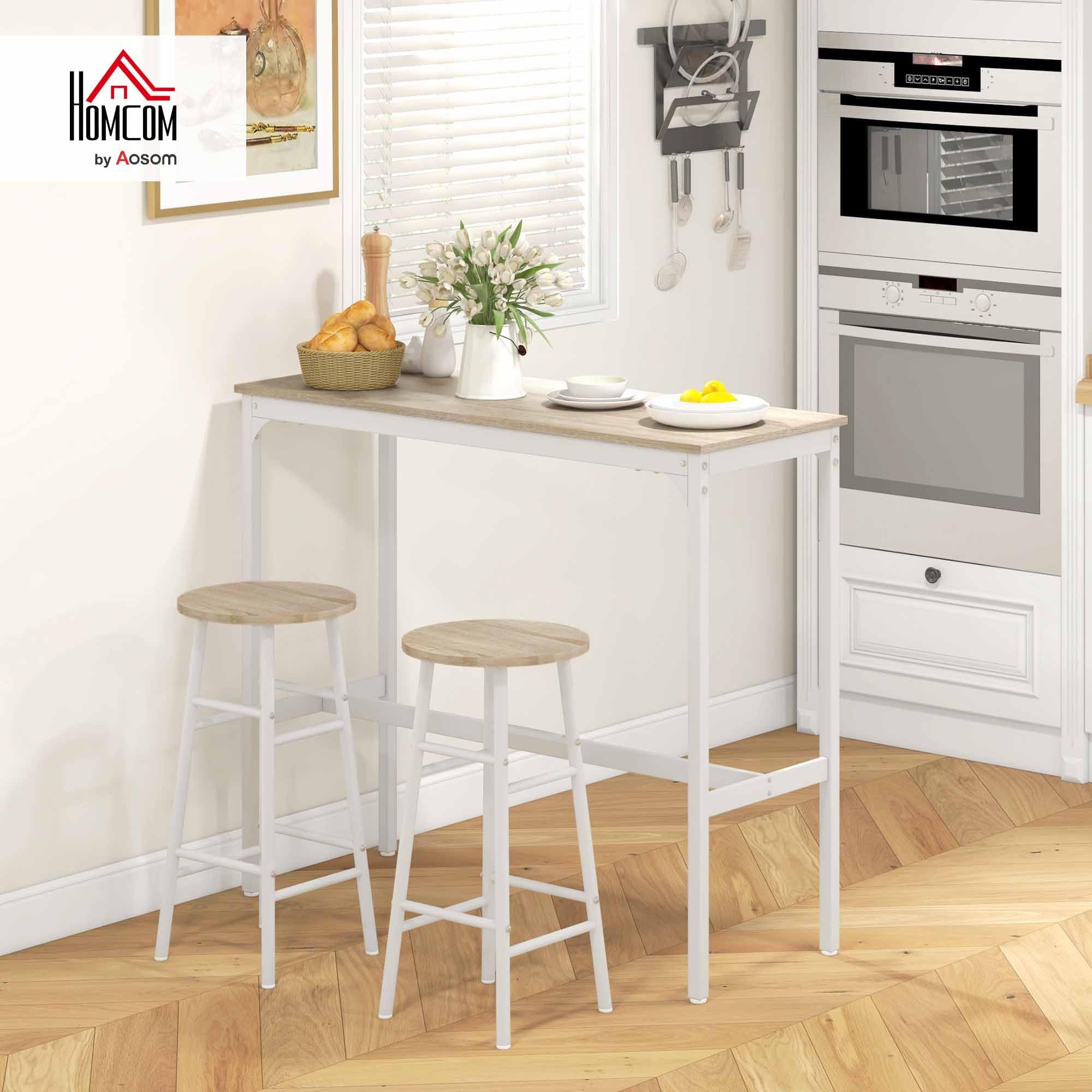 HOMCOM Set tavolo da bar bistrot + 2 sgabelli con poggiapiedi, tavolo mangia in piedi, struttura in acciaio, design industriale, tavolo alto da cucina, piano effetto legno naturale, bianco