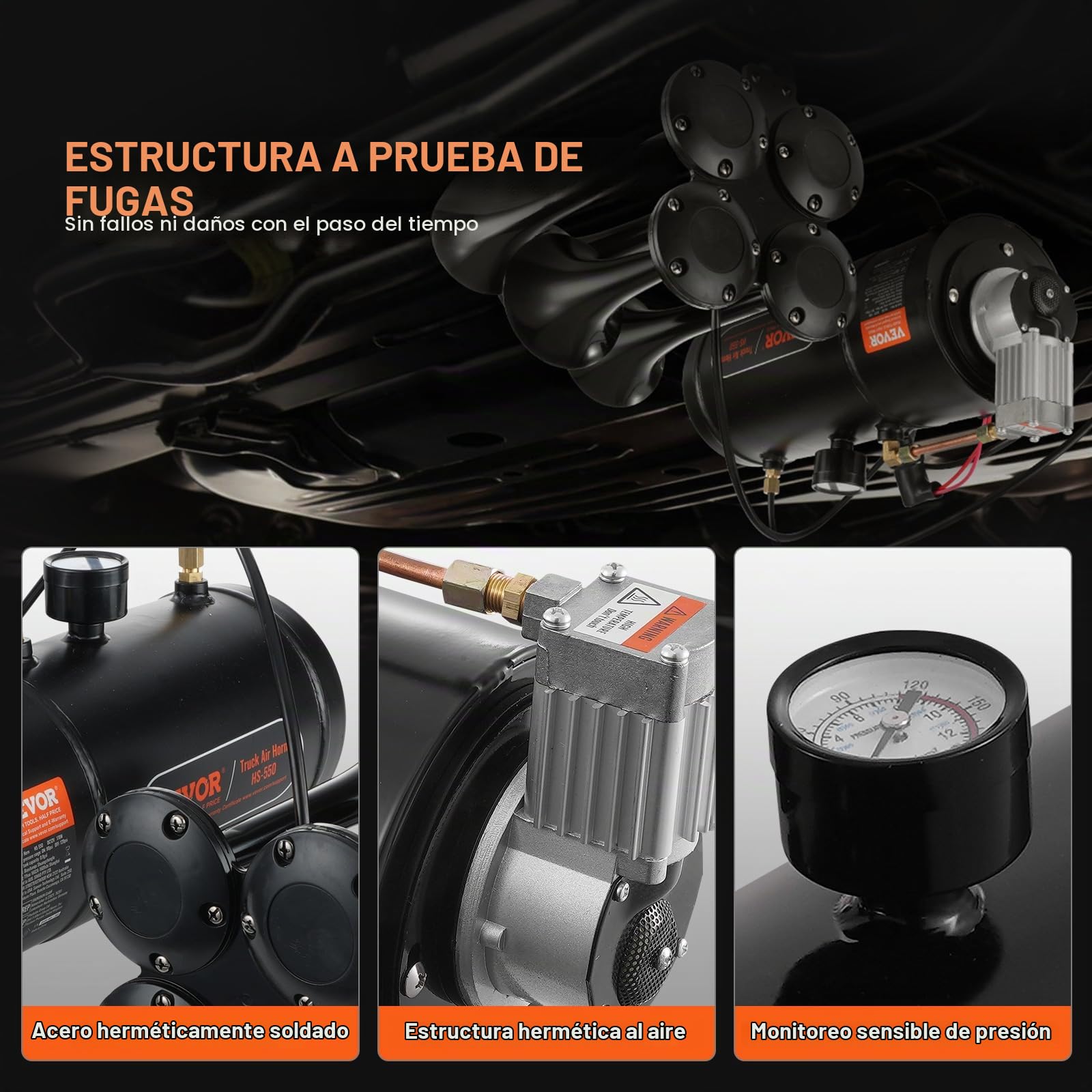 VEVOR Kit de 4 Bocinas de Trompeta Bocina de Automóvil de 150 dB con Compresor de Aire de 90-120 PSI Tanque de Aire de 3 L Bocina de Aire Universal de 12 V para Todos los Vehículos Trenes Barcos Auto