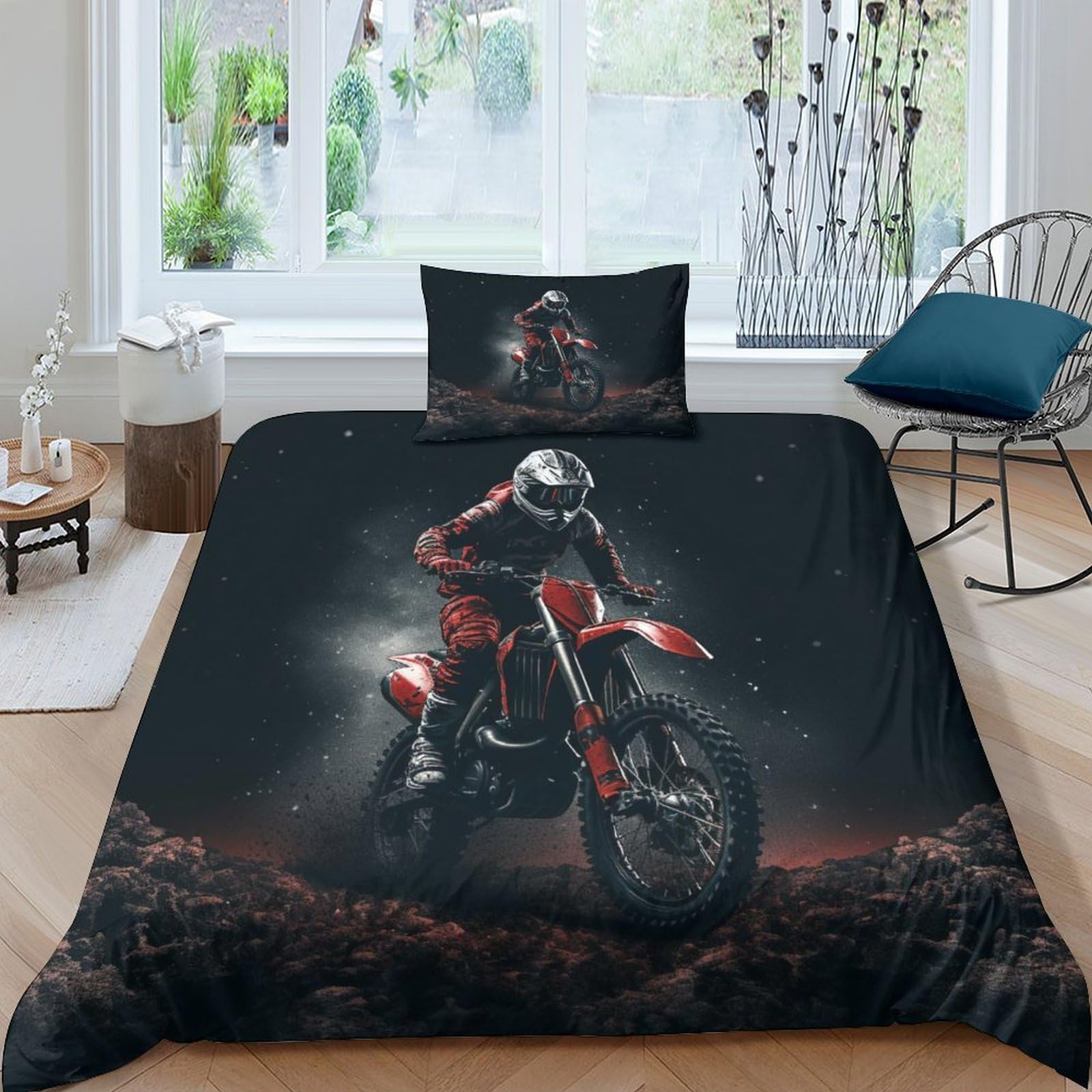 HOTGE Motocross Bedding Duvet Cover 3D Black Theme Printed Quilt Duvet Cover with Zipper Closure, Soft Microfiber Bedding For Adults And Children Single（135x200cm）
