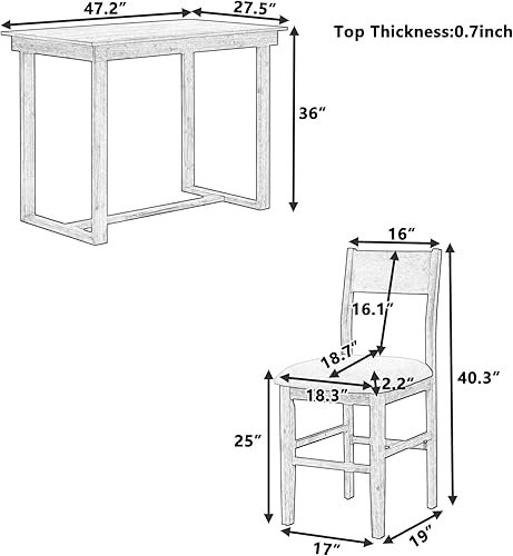 Miniatura 5 de Juego de mesa de comedor rústica para 4 unidades madera maciza juego de mesa de bar de cocina pub de 5 piezas mesa de comedor rectangular de 47