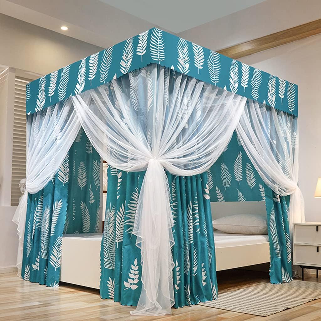 Cute Princess 4 Corner Post Mosquito Net&Bed Canopy Curtain Canopy for Girls Boys Bed Bedroom Kids Rooms for Twin/Full/Queen/King Size Bed Decoration (Cyan-Leaf, Mosquito Net&Bed Canopy, Kin