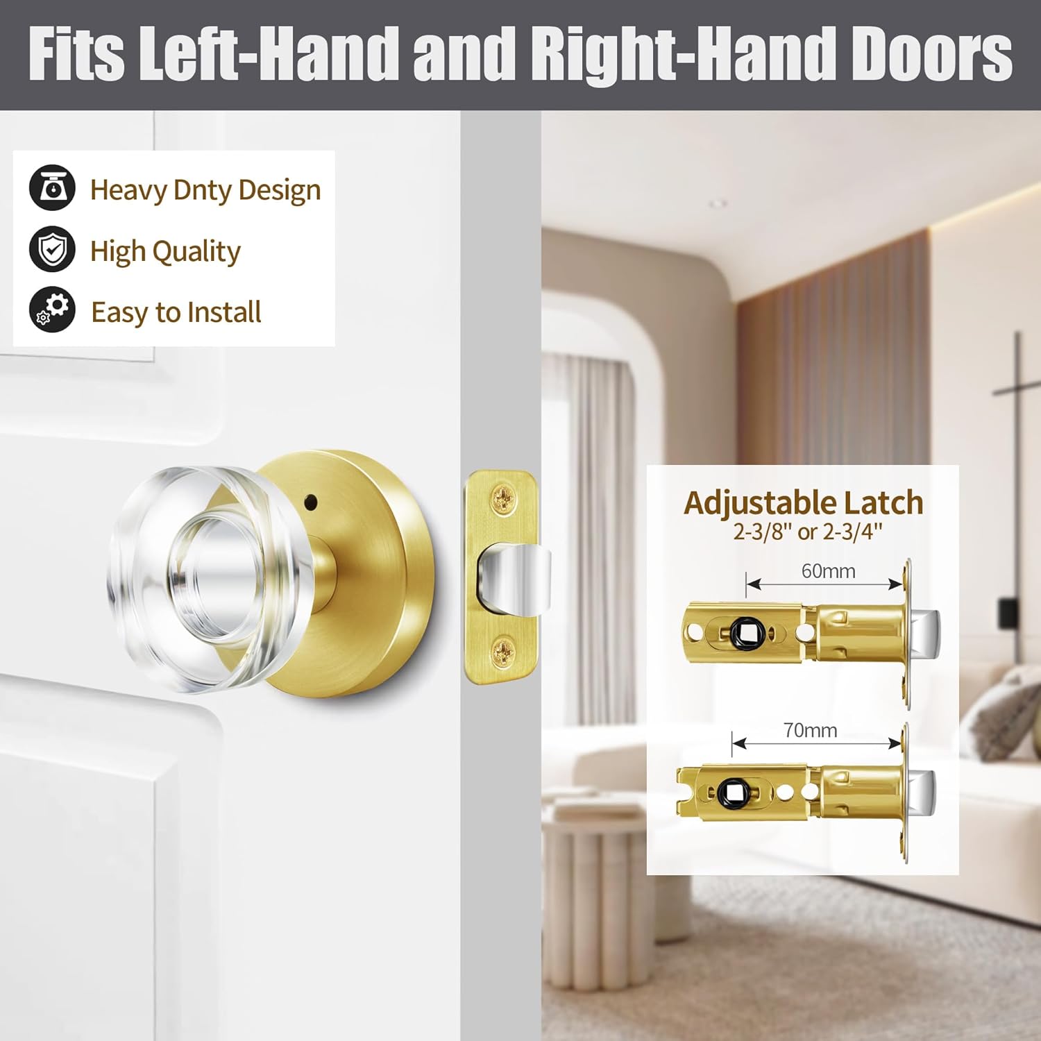 Glass Door Knobs Gold Door Knob Interior Satin Brass Privacy Door Knob for Bedroom and Bathroom Crystal Door Knob