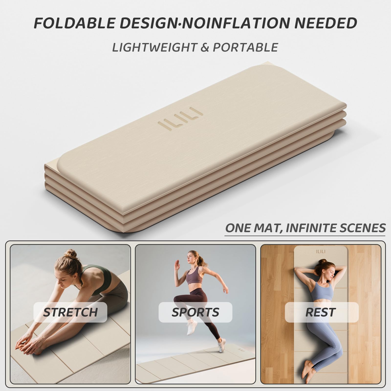ILILI Tapete de yoga plegable de 71 x 24 x 0.3 pulgadas, tapete antideslizante de TPE para el hogar, impermeable y ligero (2 libras) para gimnasio en casa, pilates y estiramiento, entrenamientos de