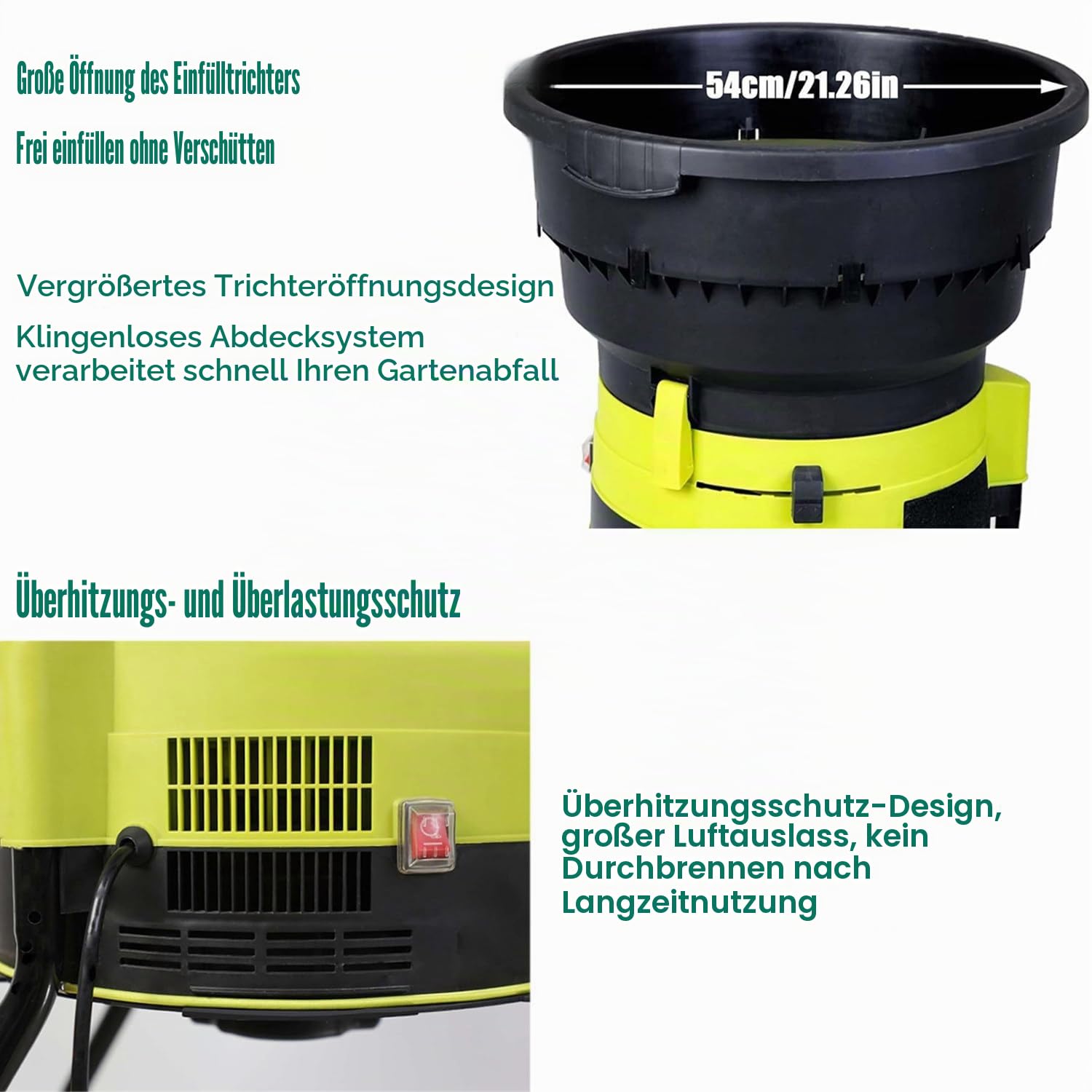Gartenhäcksler Häcksler Schredder (2500 W,Wartungsarm,Transporträder,überlastsicherung,54cmGroße Trichteröffnung,Fangsack Und Zuführhilfe),noPowercord